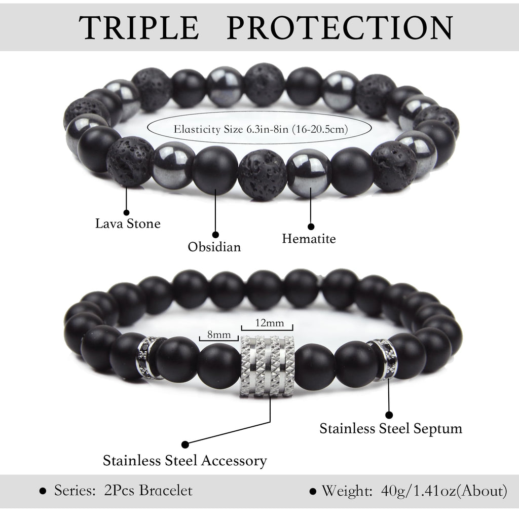 Black Obsidian Bracelet for Men - Black Tourmaline Beaded Bracelets - Mens Bracelet Set 8MM Black Onyx Hematite Lava Stone Beads Triple Protection Bracelet for Men Women Gifts