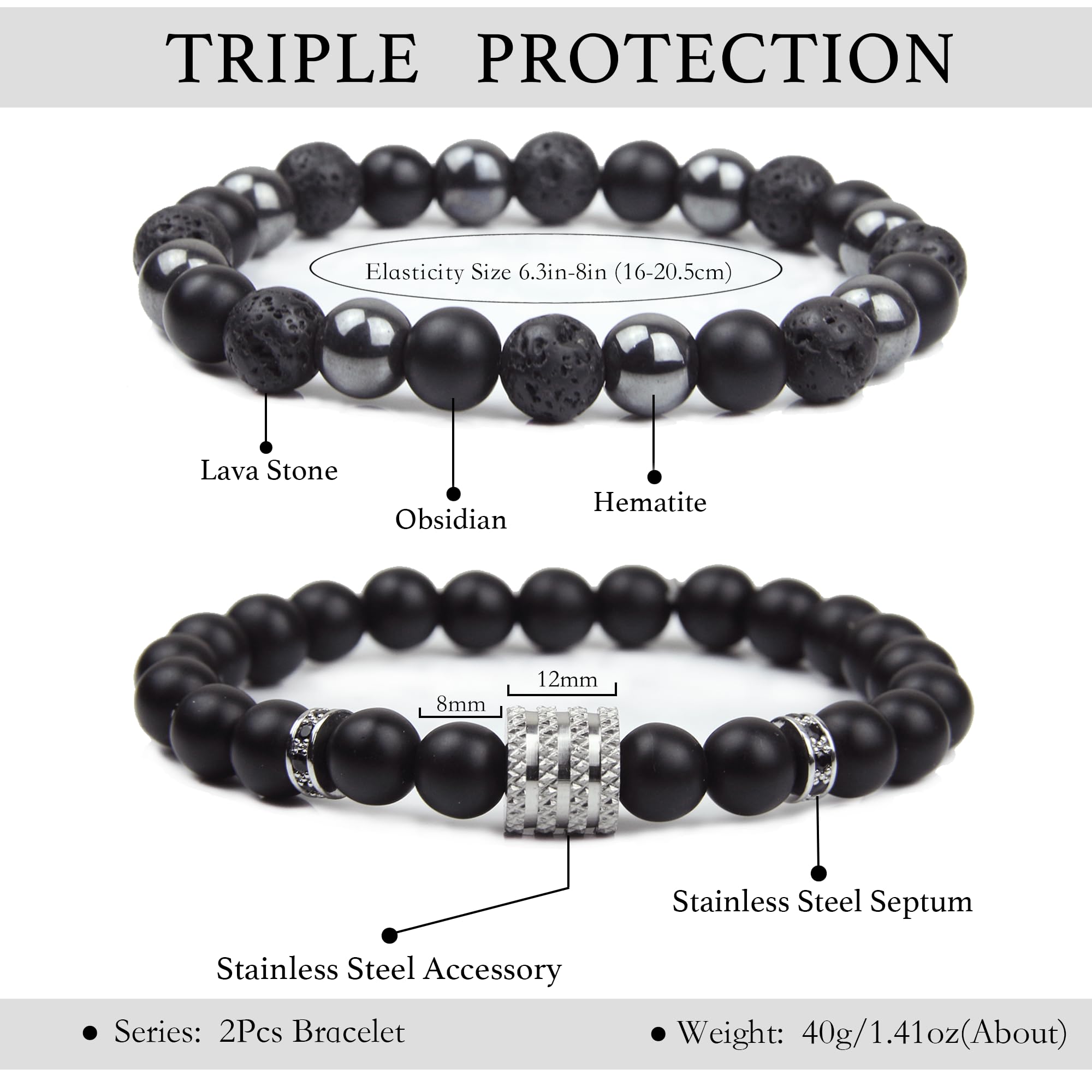 Black Obsidian Bracelet for Men - Black Tourmaline Beaded Bracelets - Mens Bracelet Set 8MM Black Onyx Hematite Lava Stone Beads Triple Protection Bracelet for Men Women Gifts