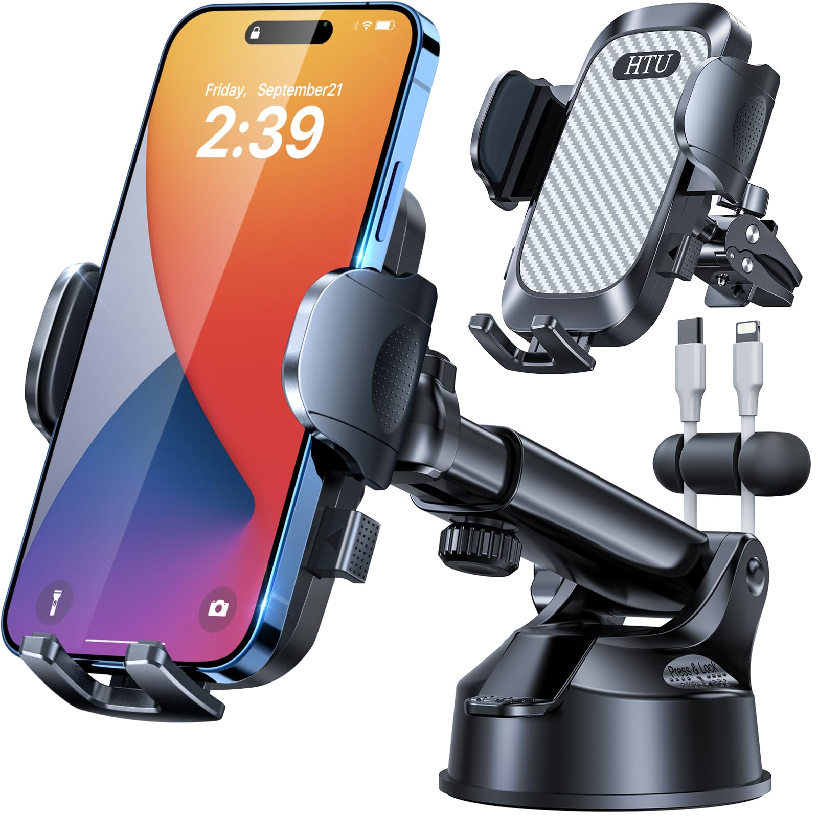 HTU 2026 Best Car Phone Holder 【Ultimate 5-in-1 & Upgraded 100+LBS Strongest Suction】【True Military-Grade & Safety Cert】 360° Windshield Dashboard Vent Mount Stand for iPhone Android & Truck, Black