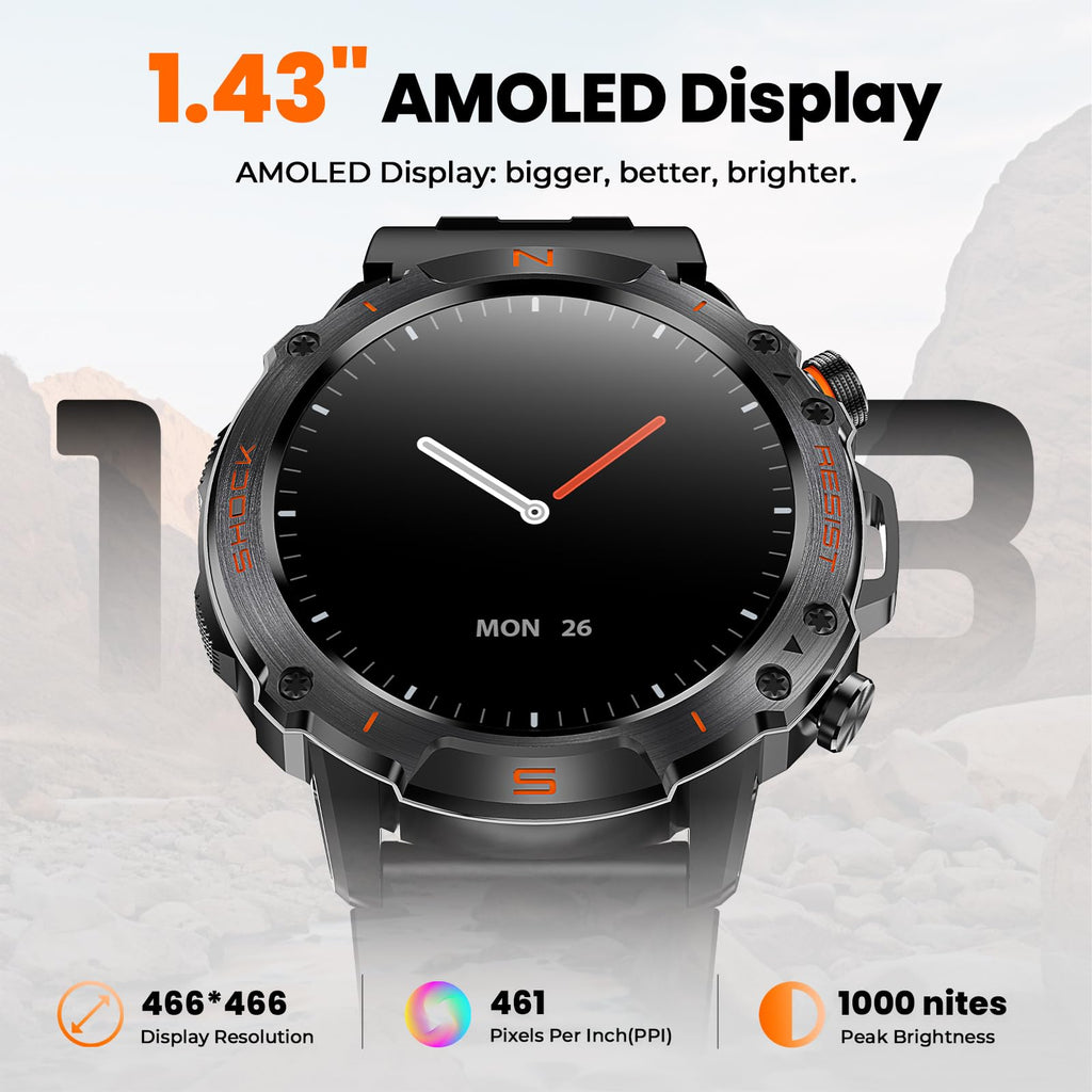 WalkerFit Smart Watch for Men, 1.43" Round AMOLED, 5ATM Waterproof, Heart Rate & Sleep Monitor,Long Battery,Outdoor Fitness Activity Tracker,Voice Control&Bluetooth Call,Compatible with iPhone Android