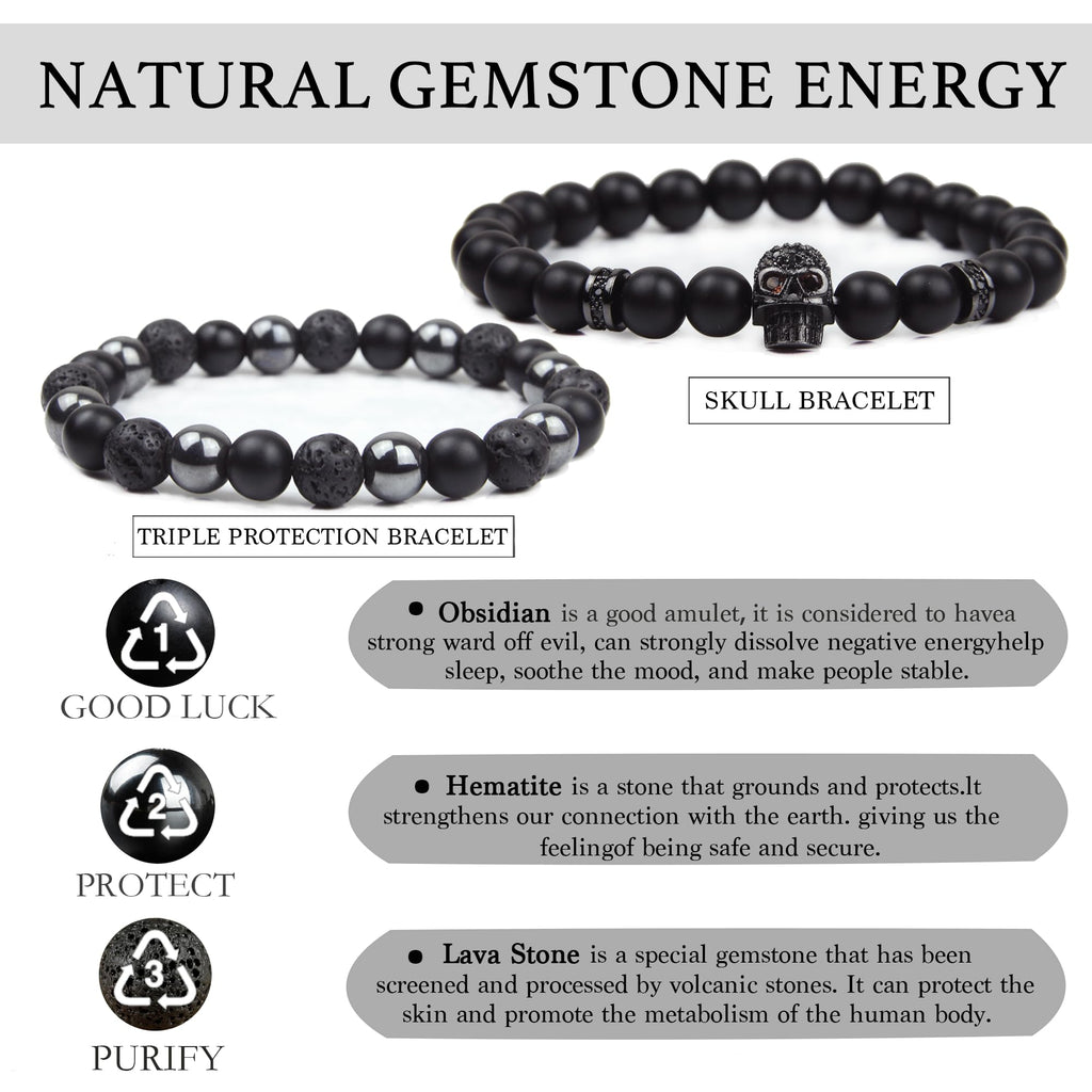 Black Obsidian Bracelet for Men - Black Tourmaline Beaded Bracelets - Mens Bracelet Set 8MM Black Onyx Hematite Lava Stone Beads Triple Protection Bracelet for Men Women Gifts
