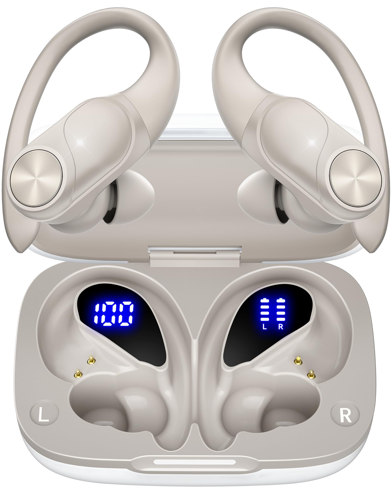 PocBuds Bluetooth Headphones Wireless Earbuds 80hrs Playtime Wireless Charging Case Digital Display Sports Ear Buds with Earhook Deep Bass IPX7 Waterproof Over-Ear Earphones for TV Phone Laptop Black