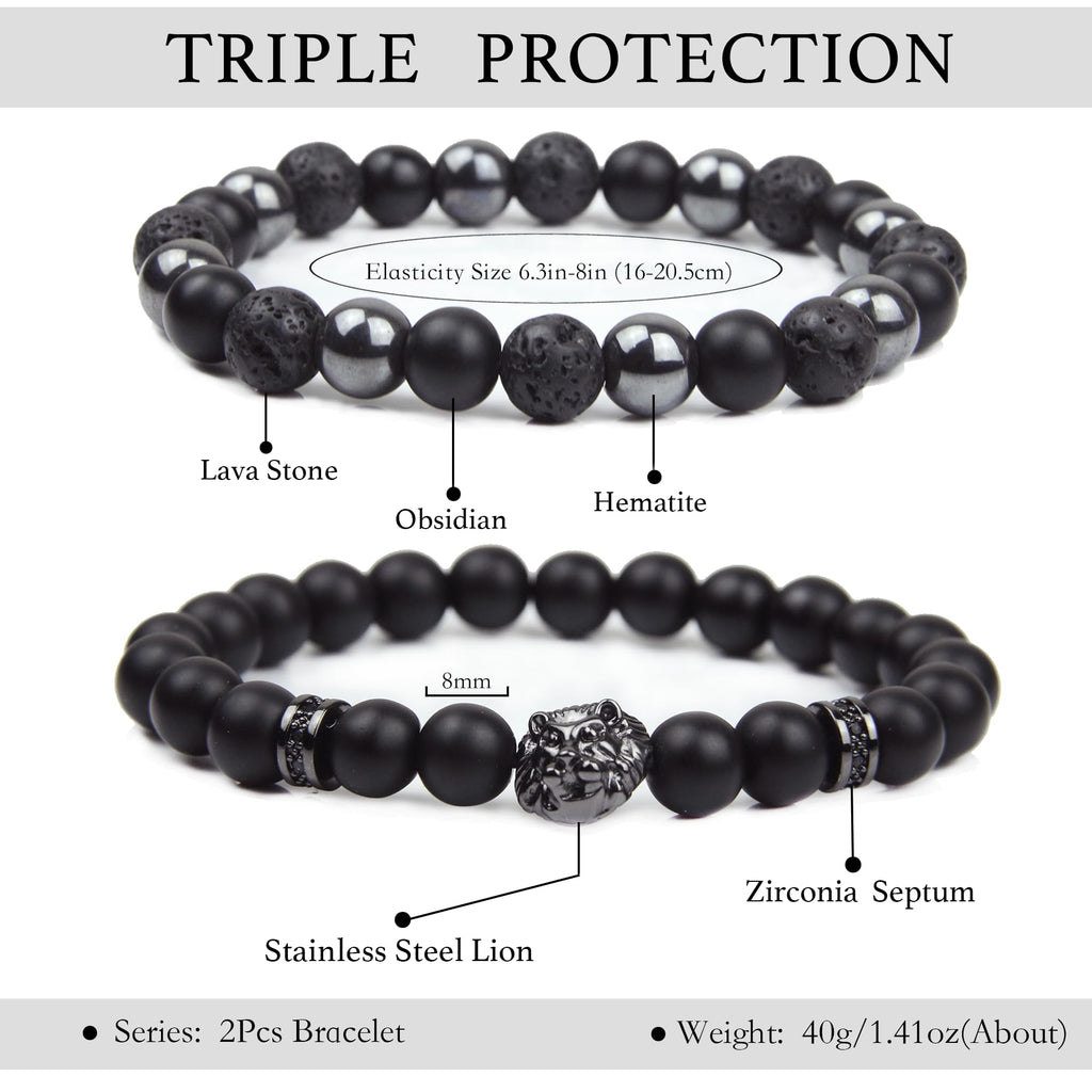 Black Obsidian Bracelet for Men - Black Tourmaline Beaded Bracelets - Mens Bracelet Set 8MM Black Onyx Hematite Lava Stone Beads Triple Protection Bracelet for Men Women Gifts