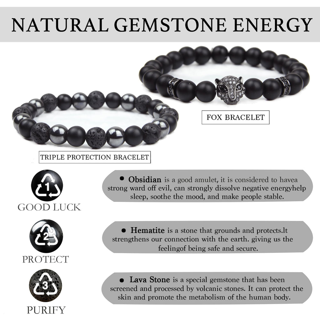 Black Obsidian Bracelet for Men - Black Tourmaline Beaded Bracelets - Mens Bracelet Set 8MM Black Onyx Hematite Lava Stone Beads Triple Protection Bracelet for Men Women Gifts