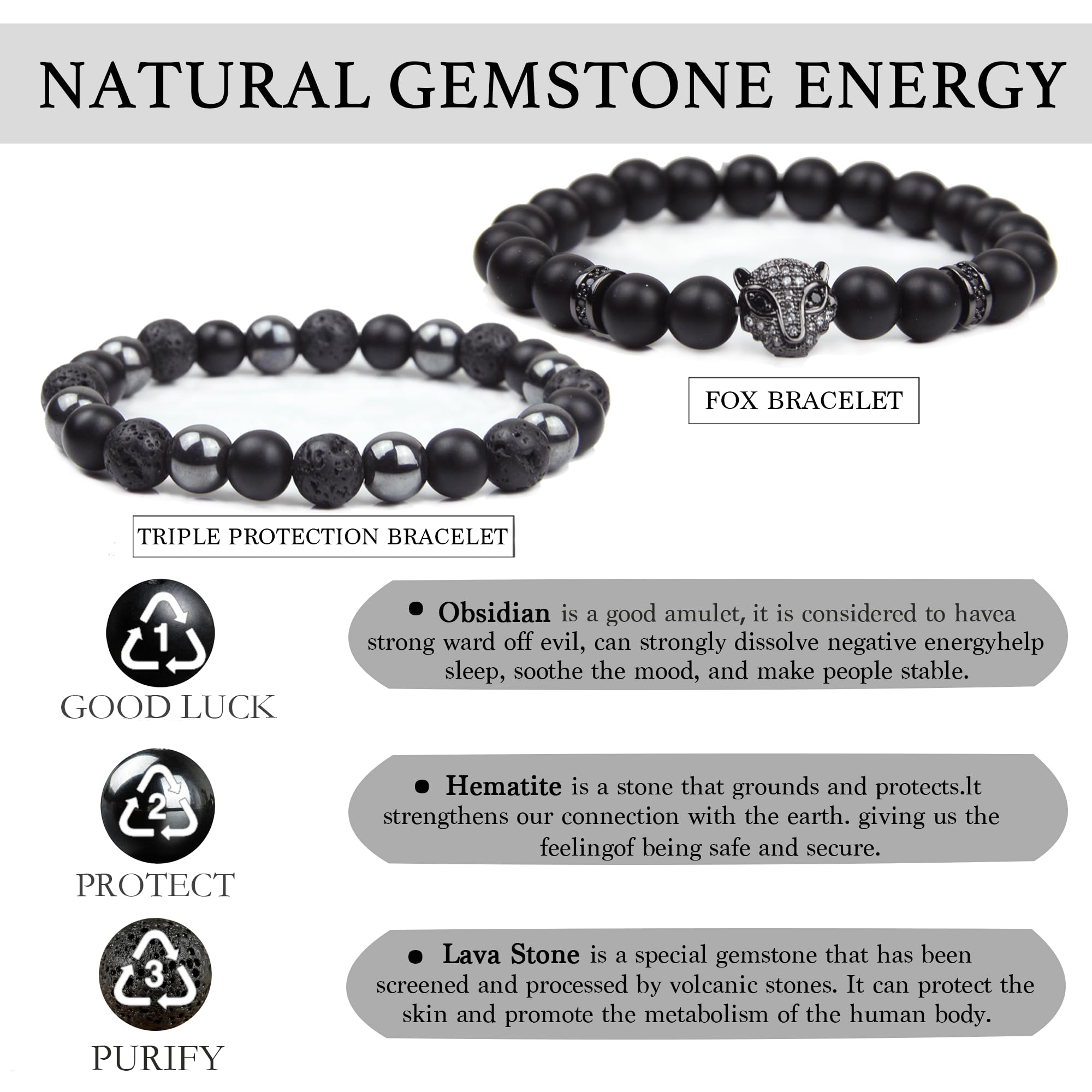 Black Obsidian Bracelet for Men - Black Tourmaline Beaded Bracelets - Mens Bracelet Set 8MM Black Onyx Hematite Lava Stone Beads Triple Protection Bracelet for Men Women Gifts