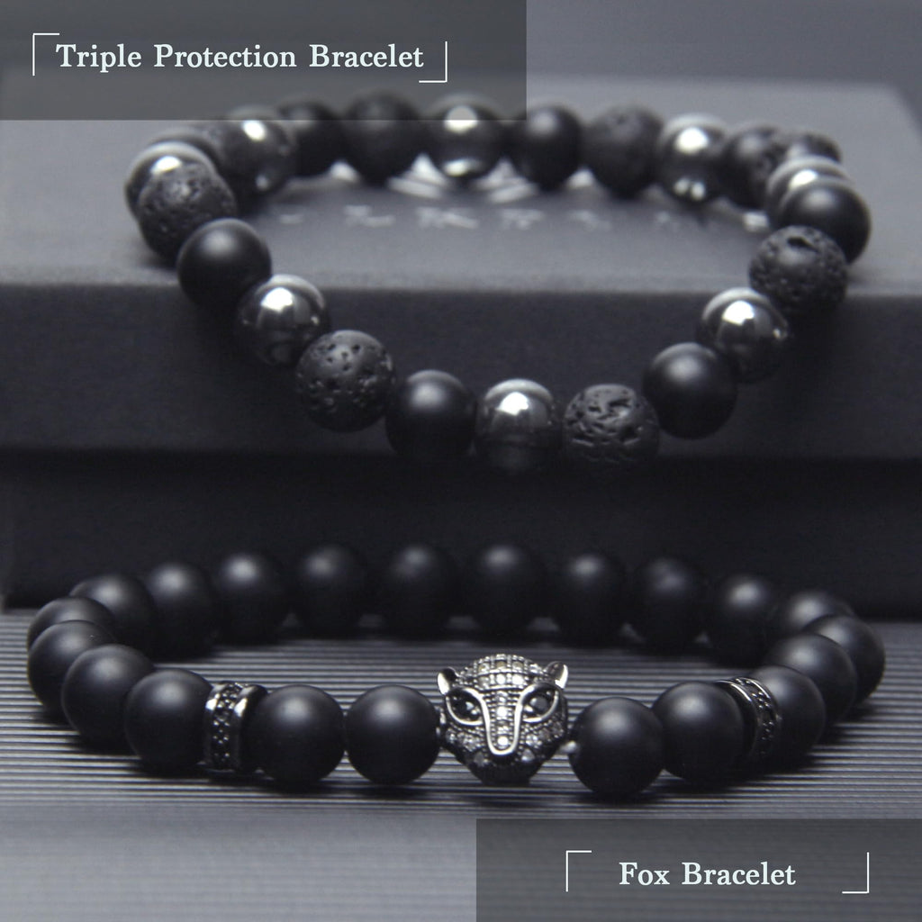 Black Obsidian Bracelet for Men - Black Tourmaline Beaded Bracelets - Mens Bracelet Set 8MM Black Onyx Hematite Lava Stone Beads Triple Protection Bracelet for Men Women Gifts