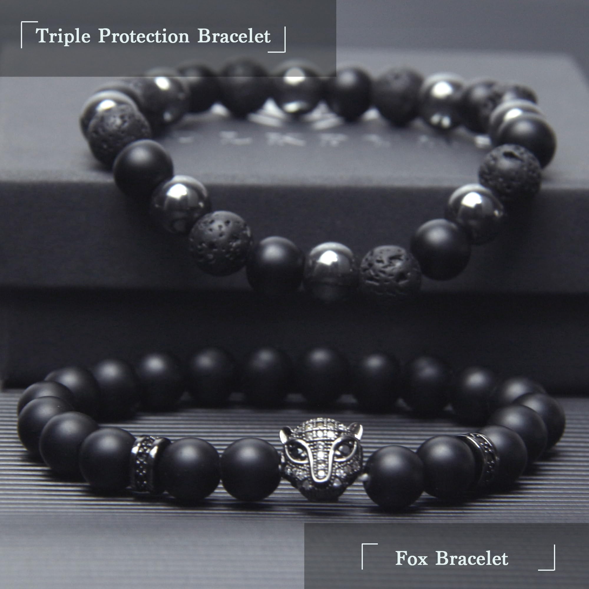 Black Obsidian Bracelet for Men - Black Tourmaline Beaded Bracelets - Mens Bracelet Set 8MM Black Onyx Hematite Lava Stone Beads Triple Protection Bracelet for Men Women Gifts