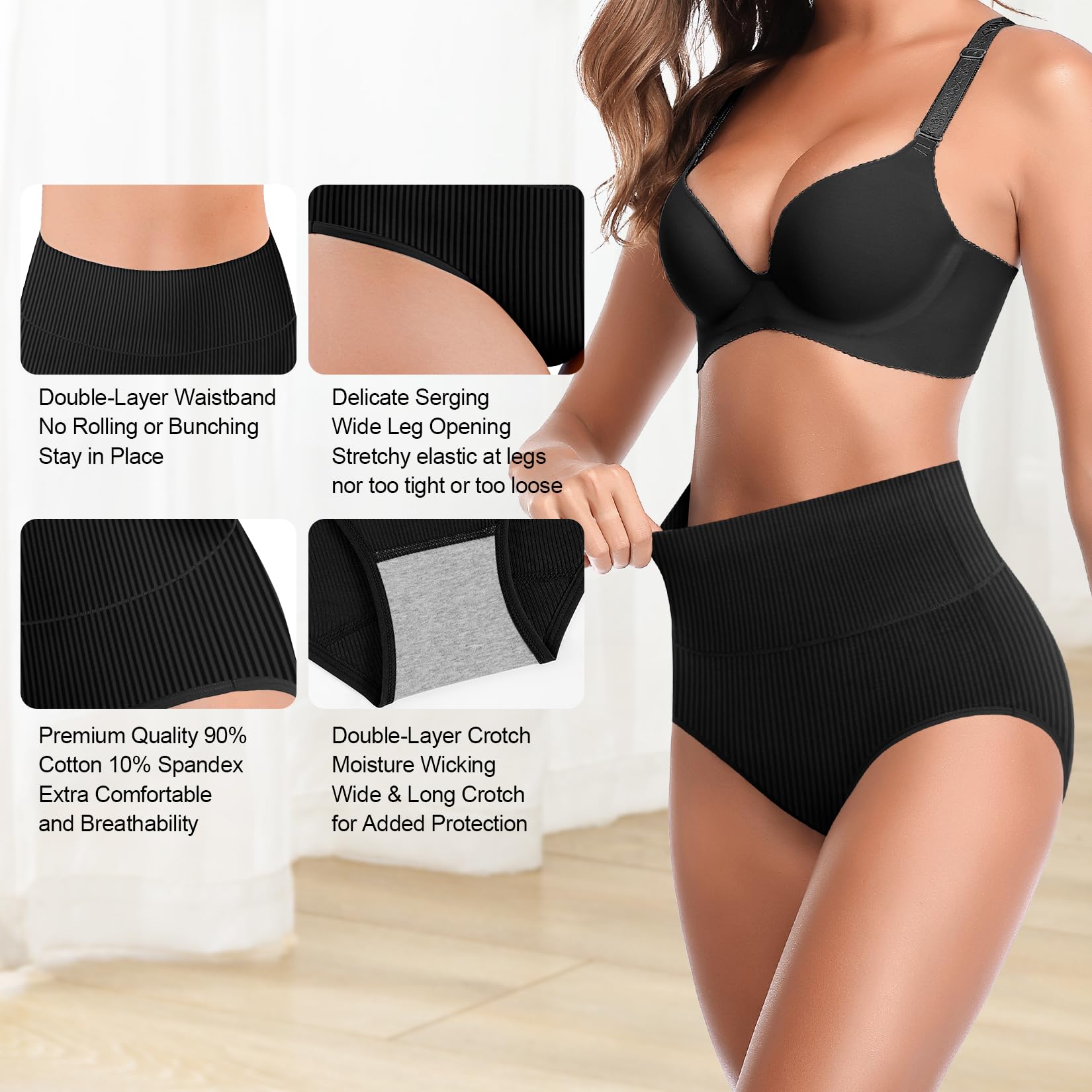 Women's High Waist Cotton Underwear Super Stretchy Briefs Full Coverage Panties Soft Women Panties 5-Pack