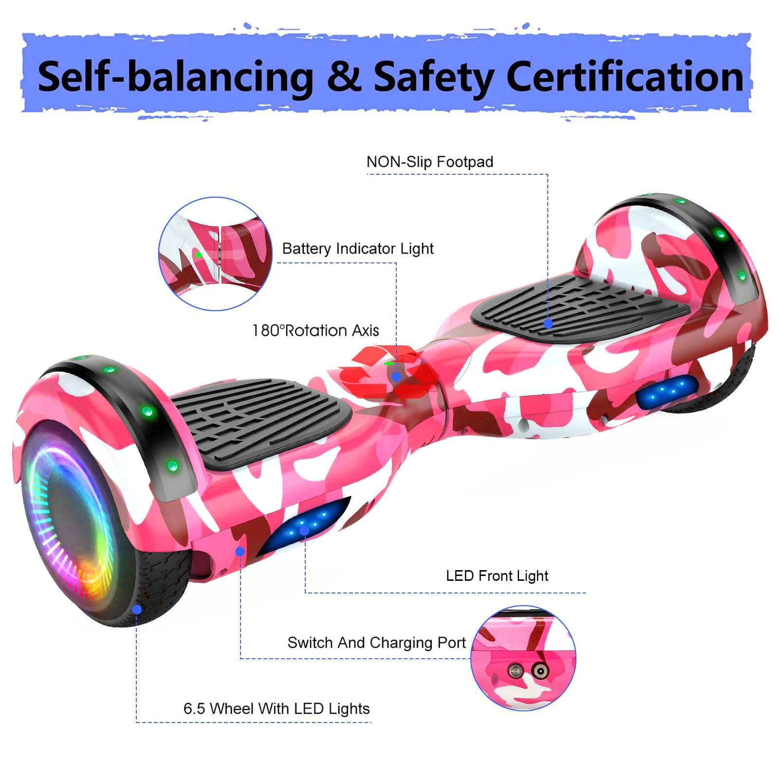 LIEAGLE Hoverboard, 6.5" Self Balancing Scooter Hover Board with Bluetooth Wheels LED Lights for Kids Adults