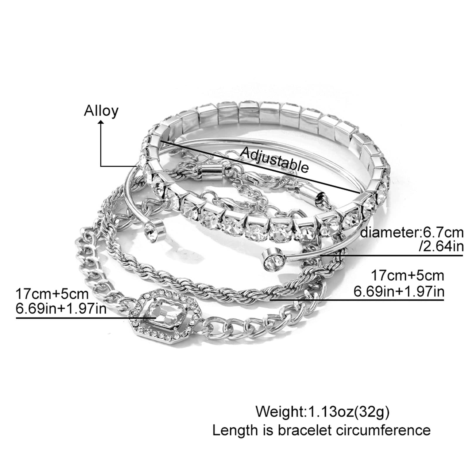 4 Pcs Dainty Gold Silver Bracelets Set for Women 14K Plated Link Cubic Zirconia Paperclip Stake Layering Chain Adjustable Trendy Hand Jewelry