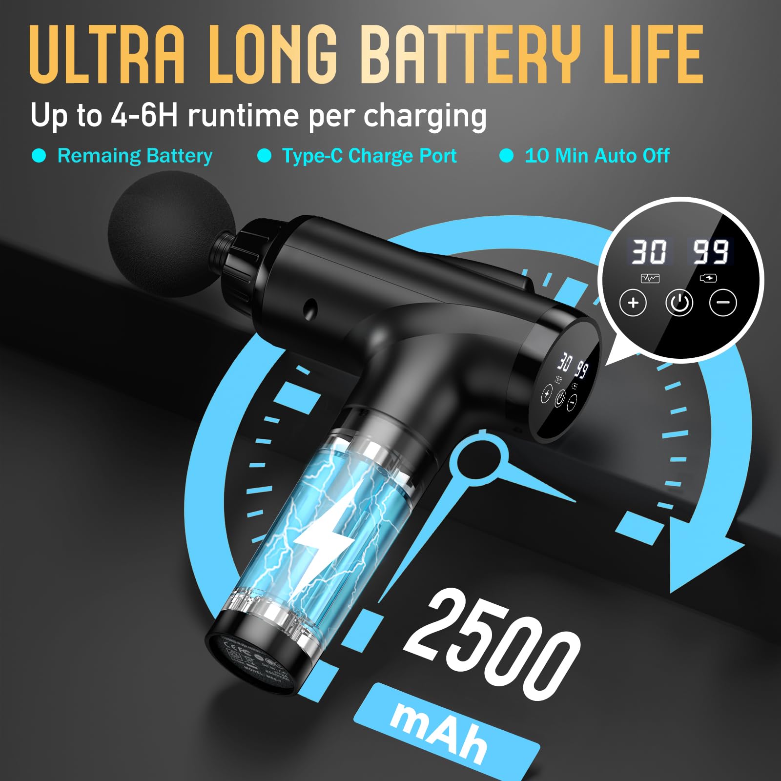 Massage Gun Deep Tissue, Handheld Electric Muscle Massager, High Intensity Percussion Massage Device for Pain Relief with 9 Attachments & 30 Speed(Grey)