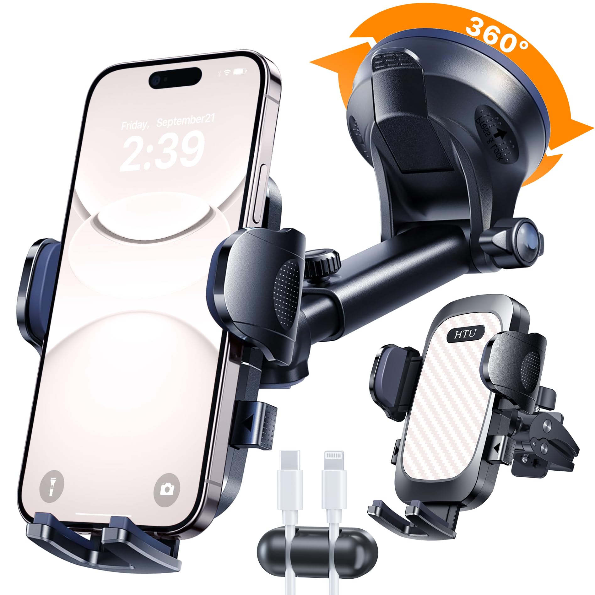HTU 2026 Best Car Phone Holder 【Ultimate 5-in-1 & Upgraded 100+LBS Strongest Suction】【True Military-Grade & Safety Cert】 360° Windshield Dashboard Vent Mount Stand for iPhone Android & Truck, Black