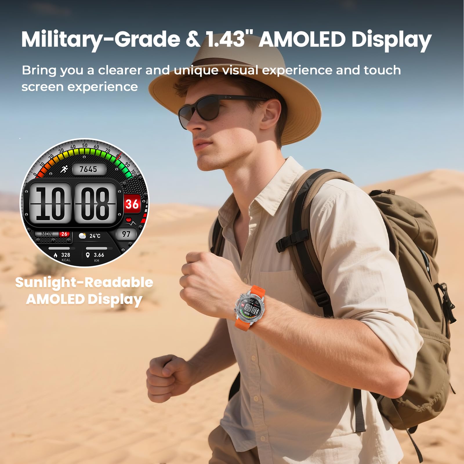 WalkerFit Smart Watch for Men, 1.43" Round AMOLED, 5ATM Waterproof, Heart Rate & Sleep Monitor,Long Battery,Outdoor Fitness Activity Tracker,Voice Control&Bluetooth Call,Compatible with iPhone Android