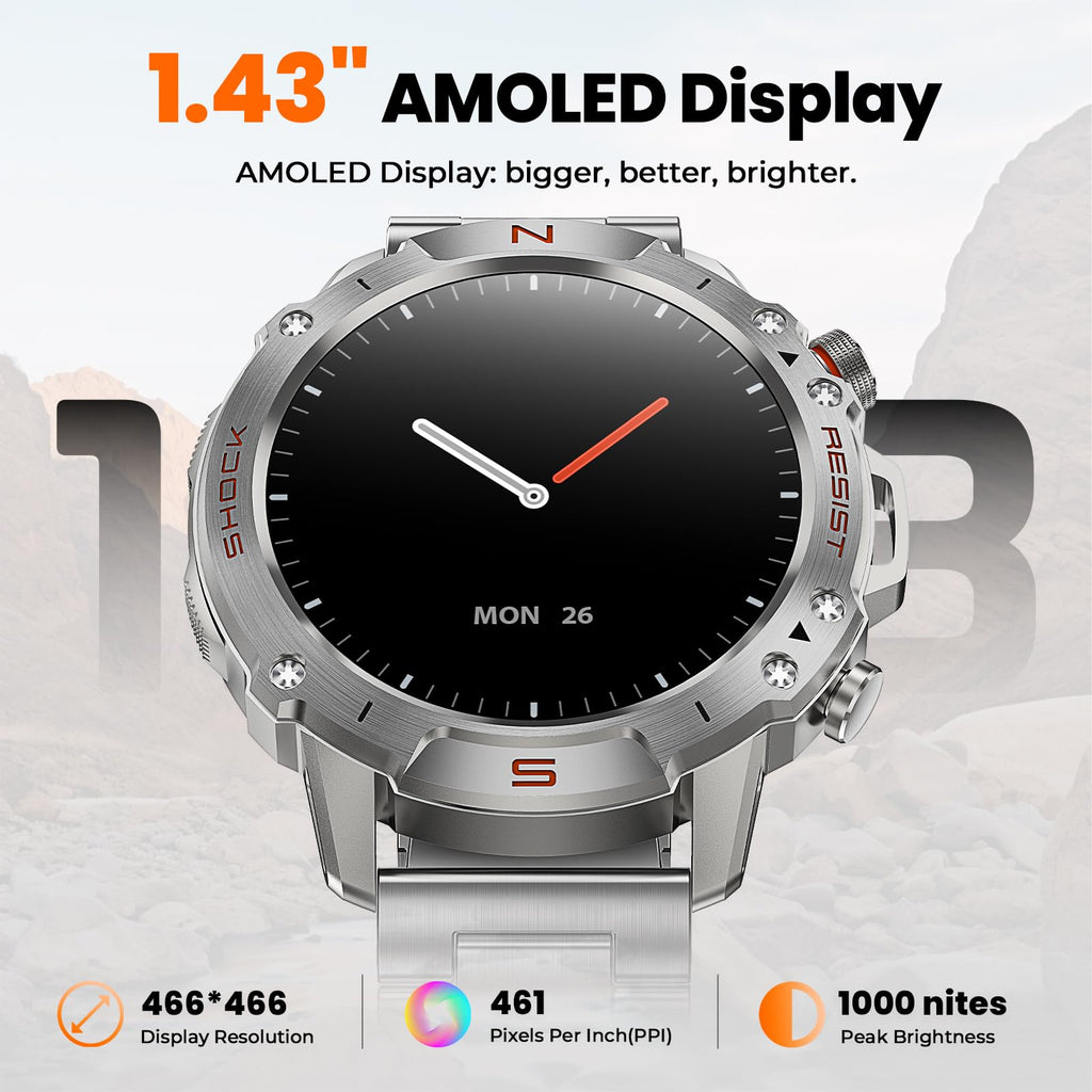 WalkerFit Smart Watch for Men, 1.43" Round AMOLED, 5ATM Waterproof, Heart Rate & Sleep Monitor,Long Battery,Outdoor Fitness Activity Tracker,Voice Control&Bluetooth Call,Compatible with iPhone Android