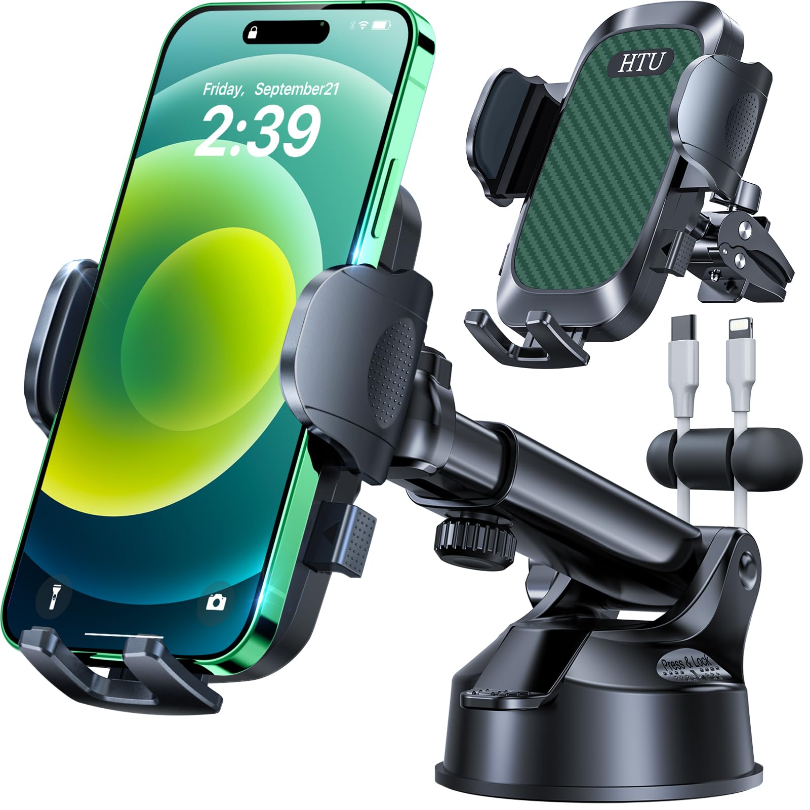 HTU 2026 Best Car Phone Holder 【Ultimate 5-in-1 & Upgraded 100+LBS Strongest Suction】【True Military-Grade & Safety Cert】 360° Windshield Dashboard Vent Mount Stand for iPhone Android & Truck, Black