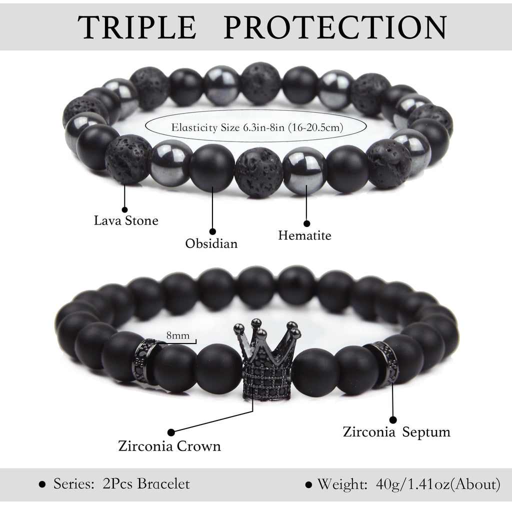 Black Obsidian Bracelet for Men - Black Tourmaline Beaded Bracelets - Mens Bracelet Set 8MM Black Onyx Hematite Lava Stone Beads Triple Protection Bracelet for Men Women Gifts
