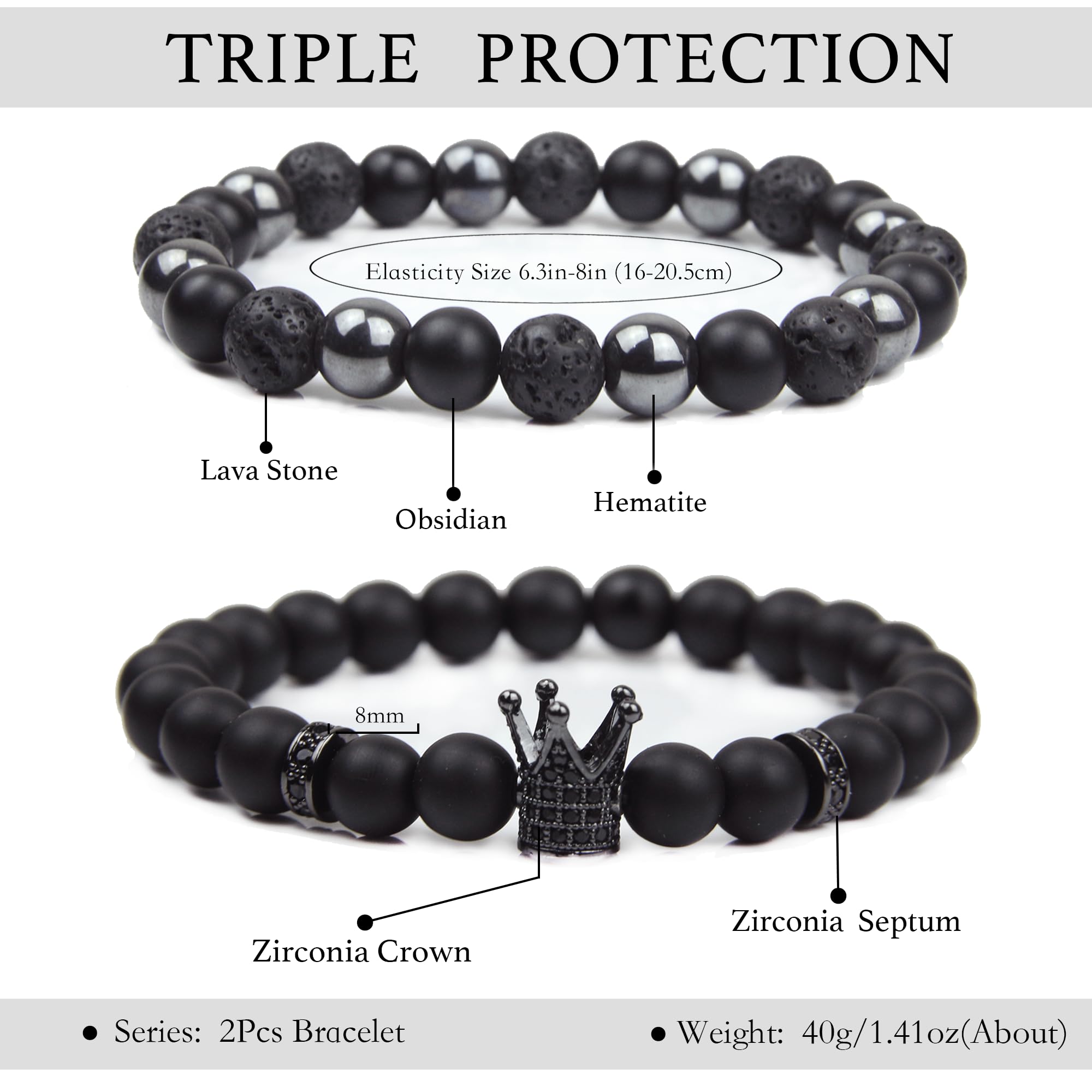 Black Obsidian Bracelet for Men - Black Tourmaline Beaded Bracelets - Mens Bracelet Set 8MM Black Onyx Hematite Lava Stone Beads Triple Protection Bracelet for Men Women Gifts