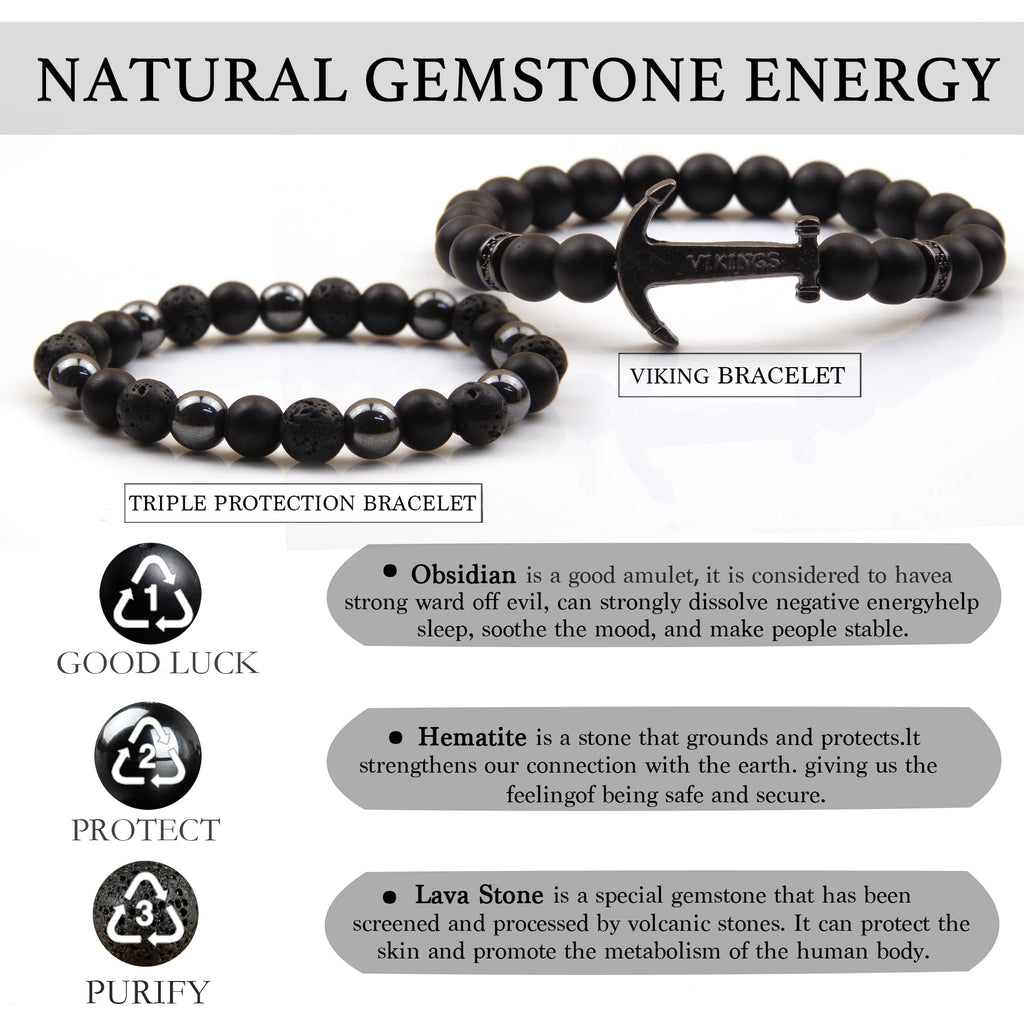 Black Obsidian Bracelet for Men - Black Tourmaline Beaded Bracelets - Mens Bracelet Set 8MM Black Onyx Hematite Lava Stone Beads Triple Protection Bracelet for Men Women Gifts