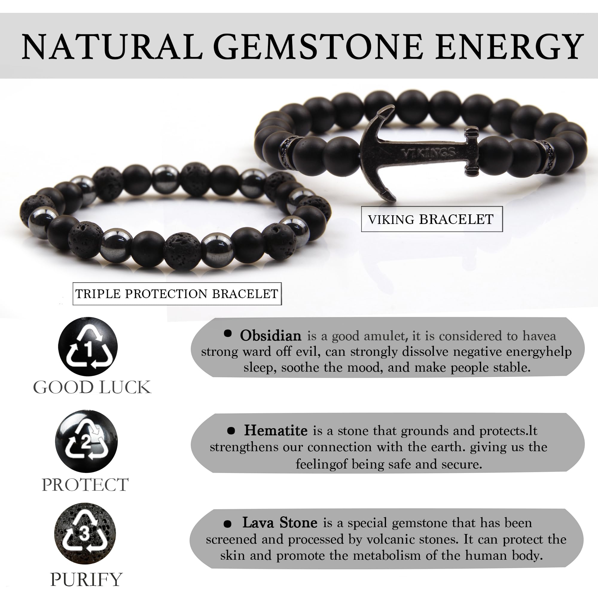 Black Obsidian Bracelet for Men - Black Tourmaline Beaded Bracelets - Mens Bracelet Set 8MM Black Onyx Hematite Lava Stone Beads Triple Protection Bracelet for Men Women Gifts