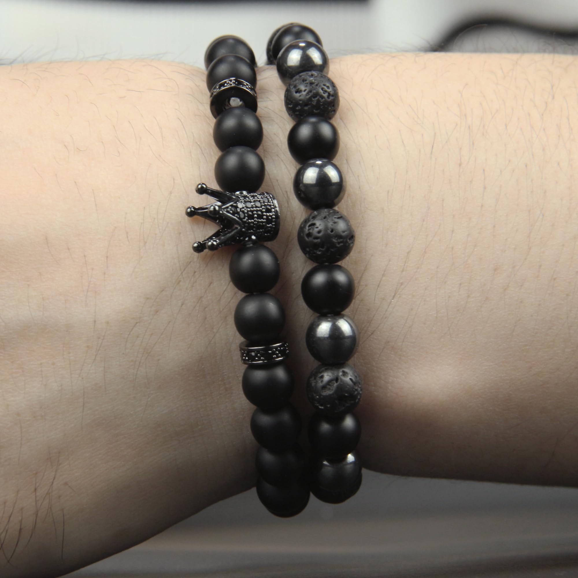 Black Obsidian Bracelet for Men - Black Tourmaline Beaded Bracelets - Mens Bracelet Set 8MM Black Onyx Hematite Lava Stone Beads Triple Protection Bracelet for Men Women Gifts