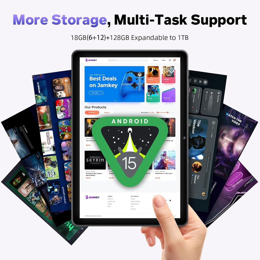 Tablet Android, Android 15 Tablet 10 Inch Tablets, Octa-Core, 18GB RAM 128GB ROM 1TB Expand, 1280x800 IPS HD Display, GPS, Widevine L1, 5G+2.4G WiFi, 5MP+8MP Dual Camera, Bluetooth5.4, 6000mAh, Black