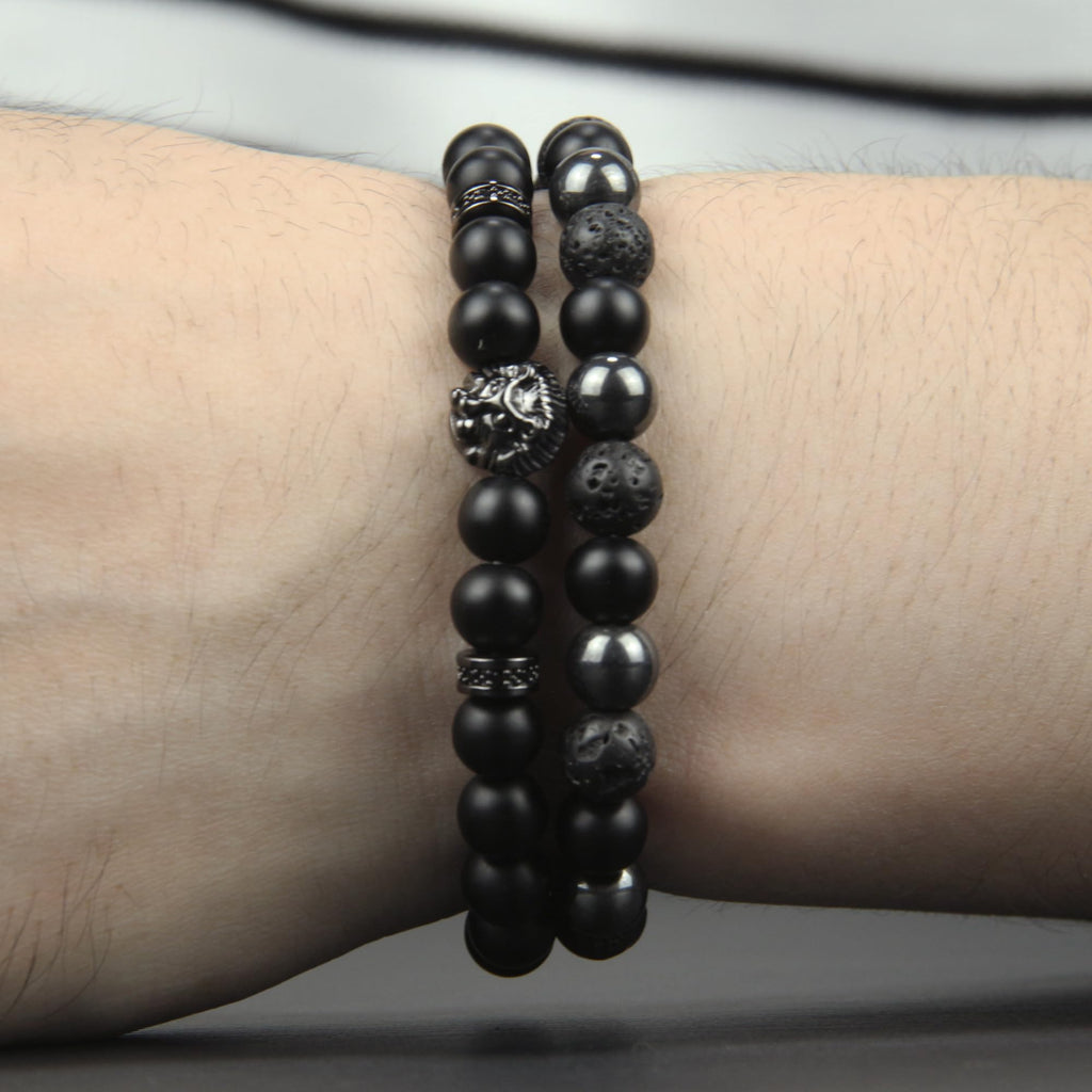 Black Obsidian Bracelet for Men - Black Tourmaline Beaded Bracelets - Mens Bracelet Set 8MM Black Onyx Hematite Lava Stone Beads Triple Protection Bracelet for Men Women Gifts
