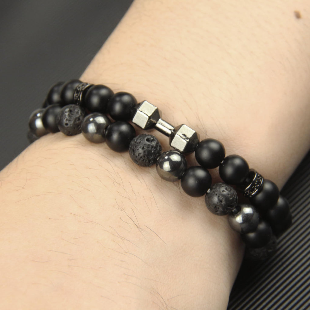 Black Obsidian Bracelet for Men - Black Tourmaline Beaded Bracelets - Mens Bracelet Set 8MM Black Onyx Hematite Lava Stone Beads Triple Protection Bracelet for Men Women Gifts