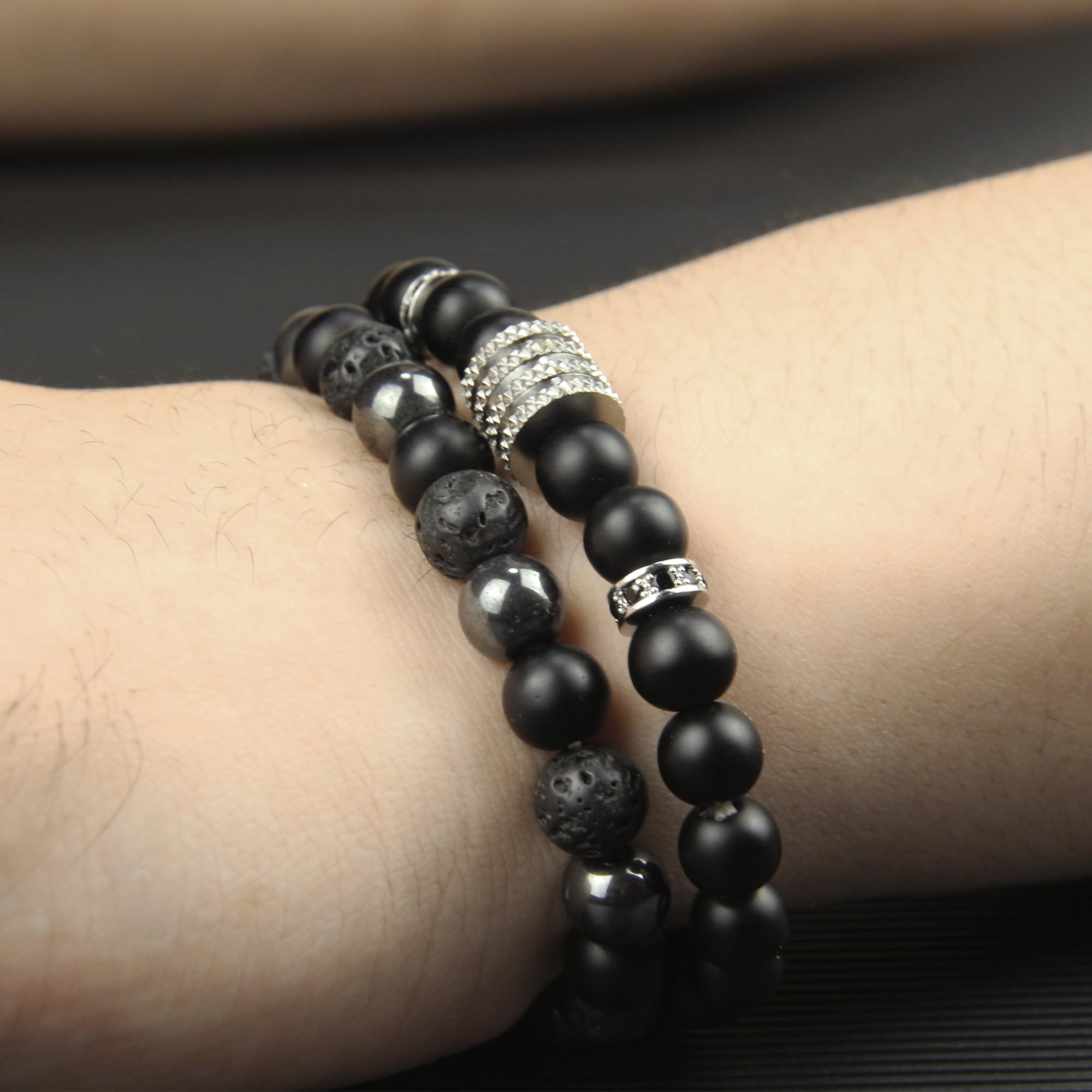 Black Obsidian Bracelet for Men - Black Tourmaline Beaded Bracelets - Mens Bracelet Set 8MM Black Onyx Hematite Lava Stone Beads Triple Protection Bracelet for Men Women Gifts