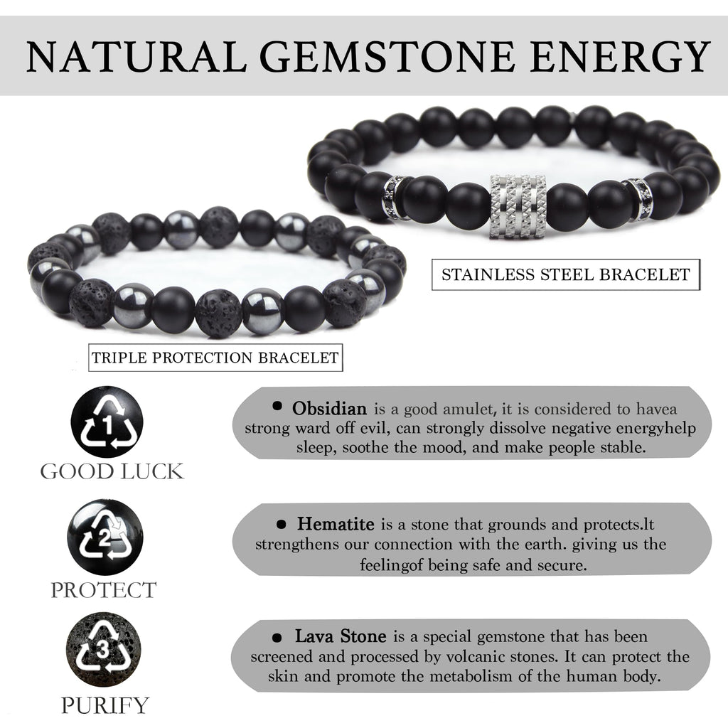Black Obsidian Bracelet for Men - Black Tourmaline Beaded Bracelets - Mens Bracelet Set 8MM Black Onyx Hematite Lava Stone Beads Triple Protection Bracelet for Men Women Gifts