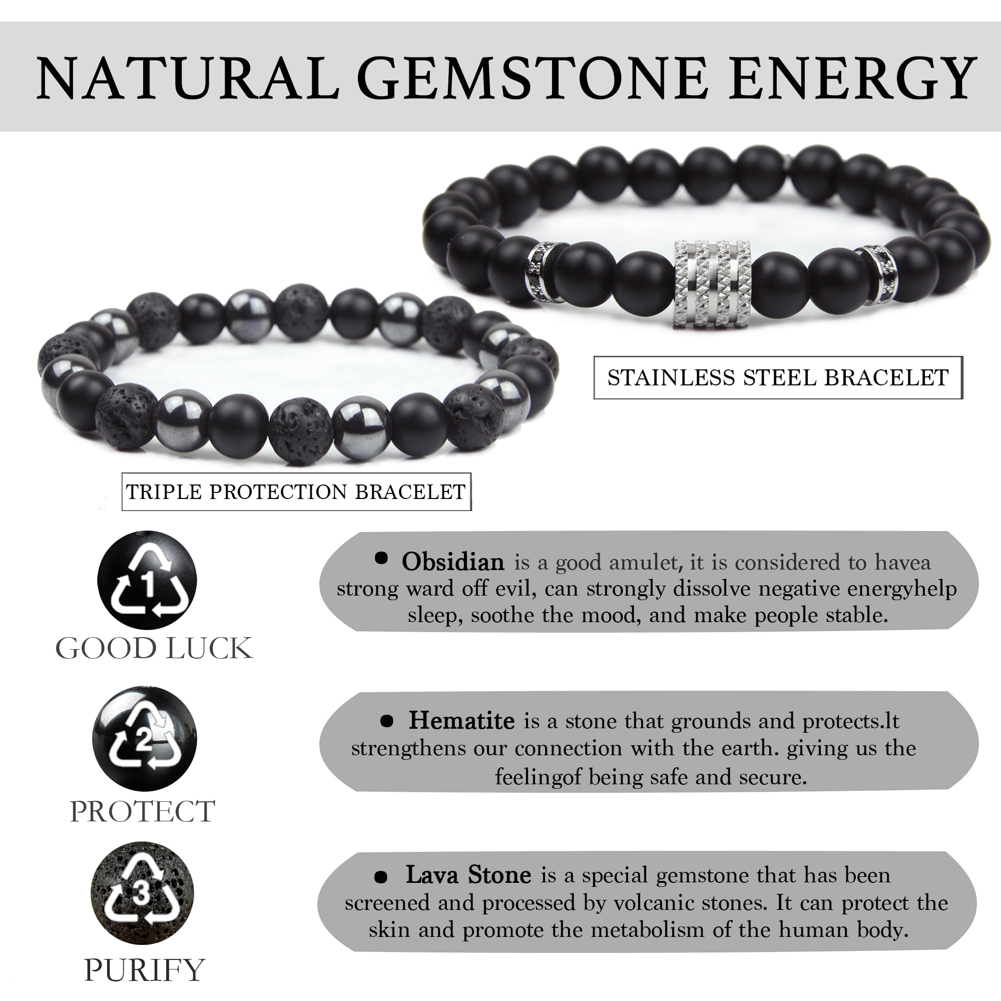 Black Obsidian Bracelet for Men - Black Tourmaline Beaded Bracelets - Mens Bracelet Set 8MM Black Onyx Hematite Lava Stone Beads Triple Protection Bracelet for Men Women Gifts