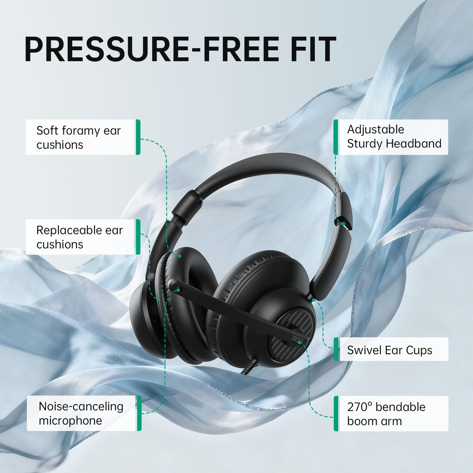 EKSA H8 USB Headset with Microphone for Work, Stereo Wired Computer Headphones with Mic Noise Cancelling, in Line Controls, 3.5mm Jack USB-C/A Over-Ear Headset for PC Laptop Office Call Center Teams