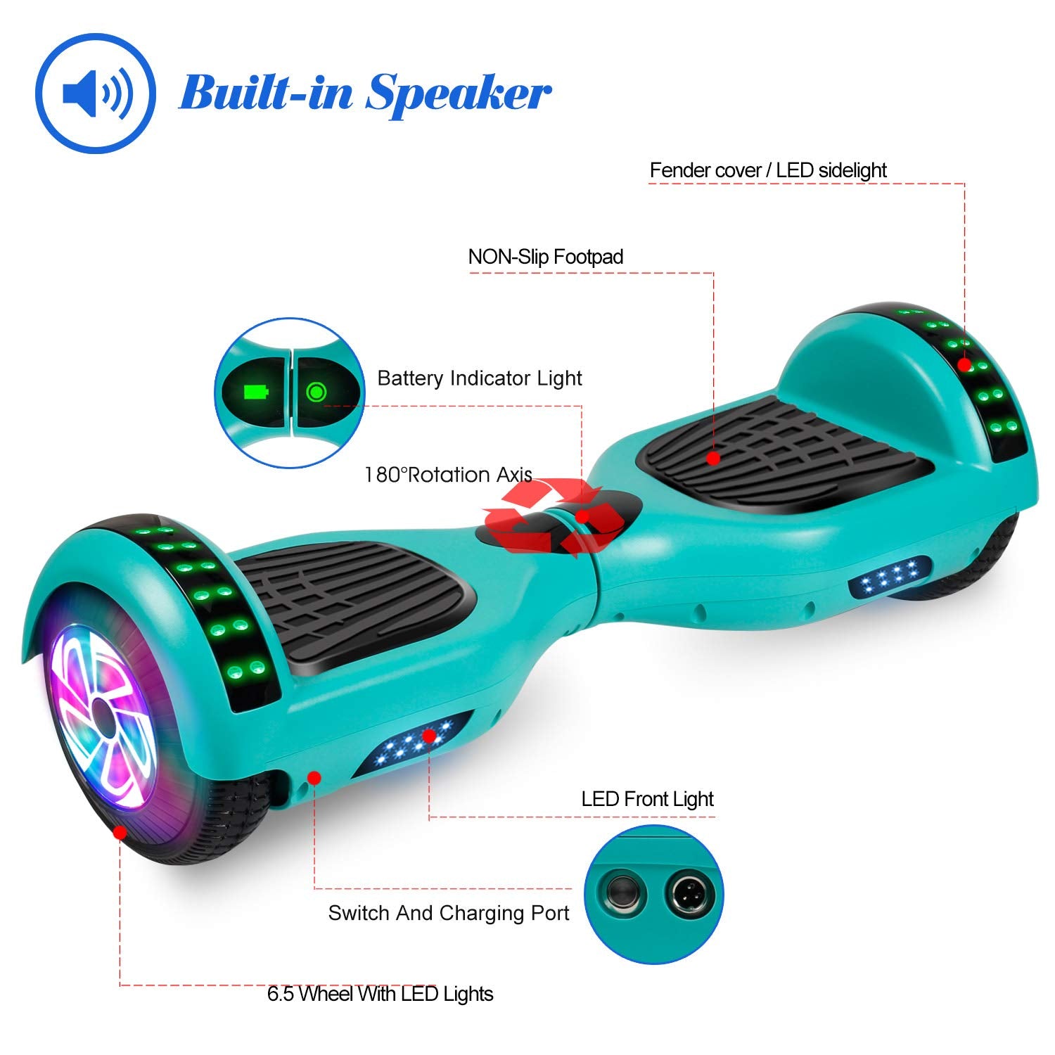 LIEAGLE Hoverboard, 6.5" Self Balancing Scooter Hover Board with Bluetooth Wheels LED Lights for Kids Adults