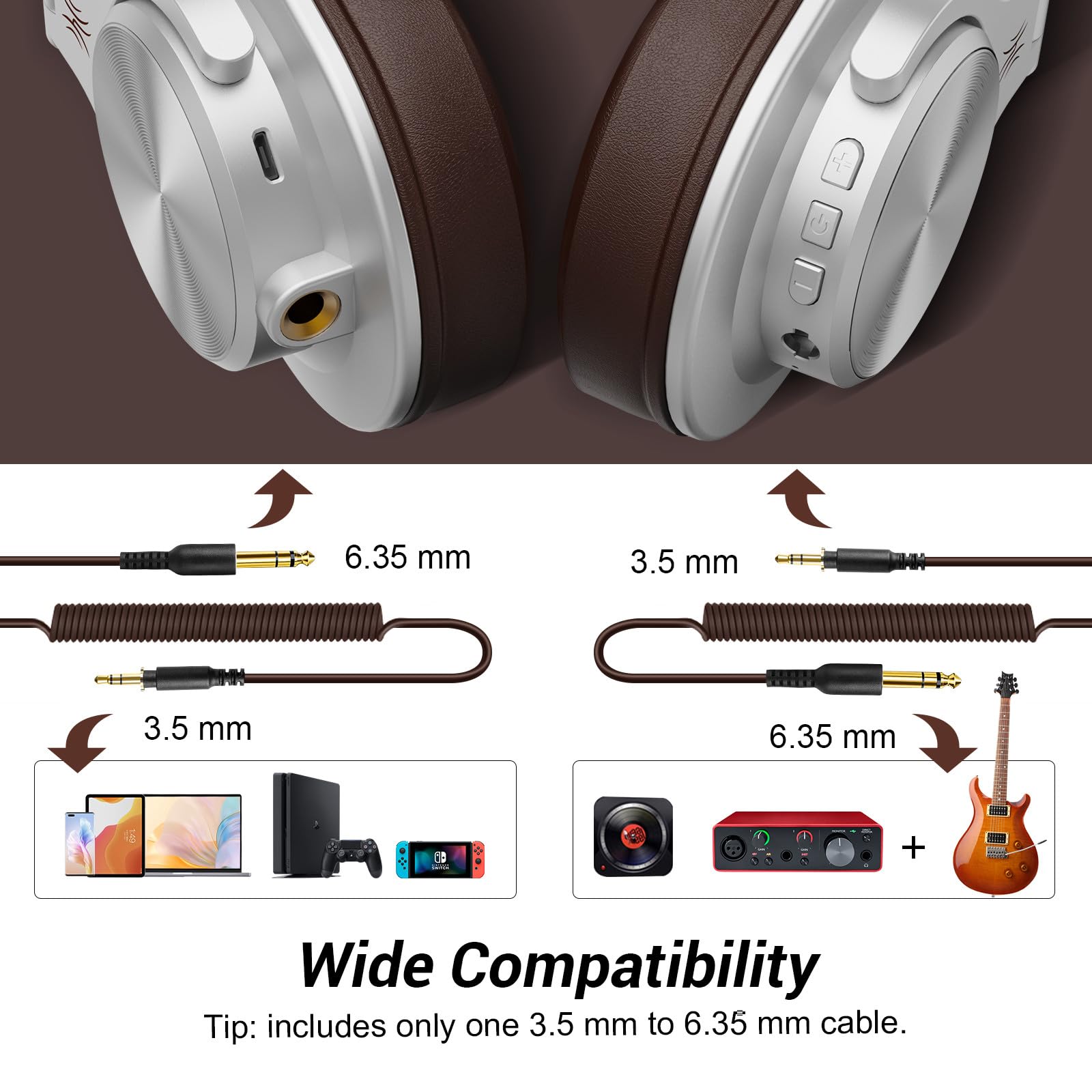 OneOdio A70 Bluetooth Over Ear Headphones, Wireless Headphones with 72H Playtime, Hi-Res, Built-in Mic, 3.5mm/6.35mm Wired Audio Jack for Studio Monitor & Mixing DJ Guitar AMP, Computer Laptop PC