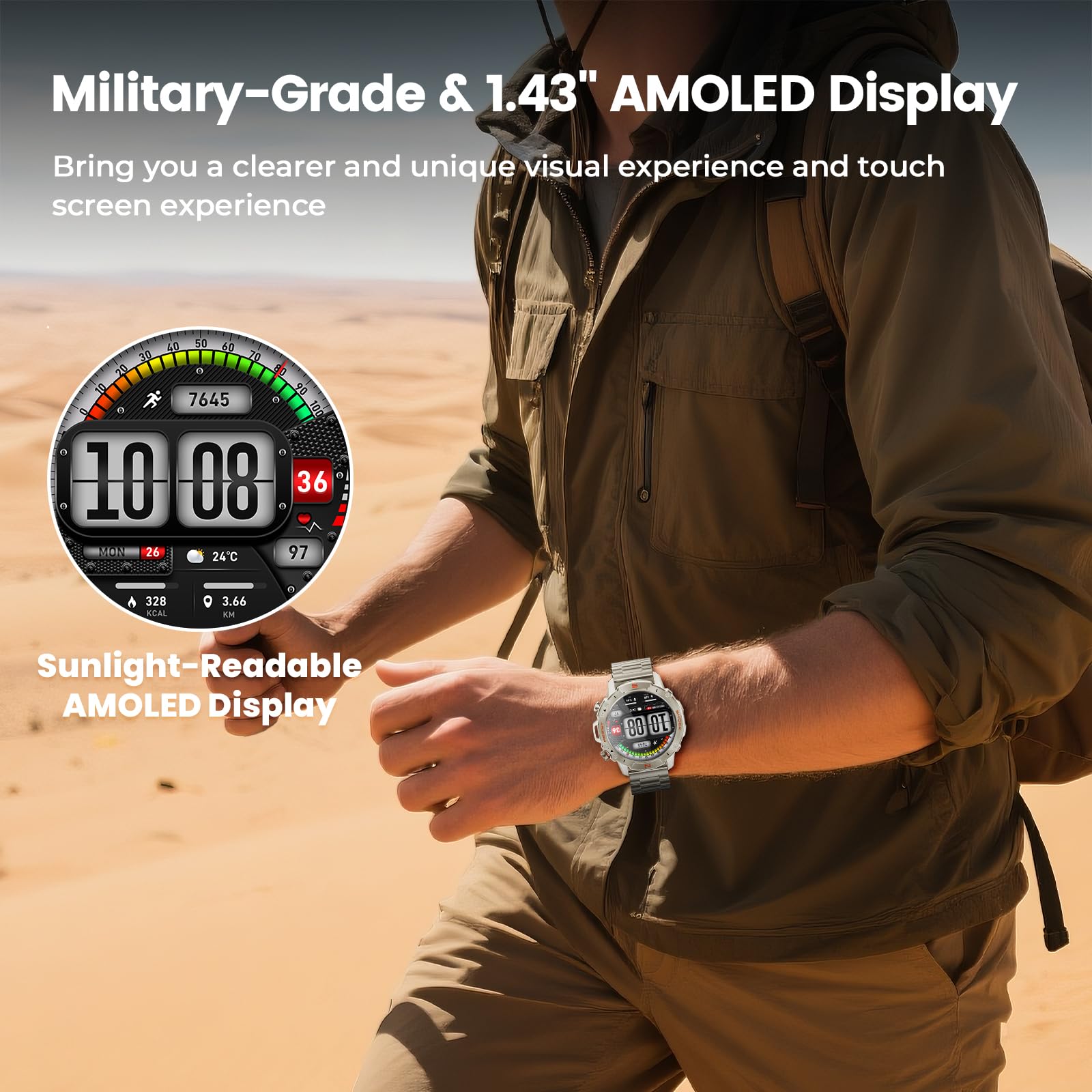 WalkerFit Smart Watch for Men, 1.43" Round AMOLED, 5ATM Waterproof, Heart Rate & Sleep Monitor,Long Battery,Outdoor Fitness Activity Tracker,Voice Control&Bluetooth Call,Compatible with iPhone Android