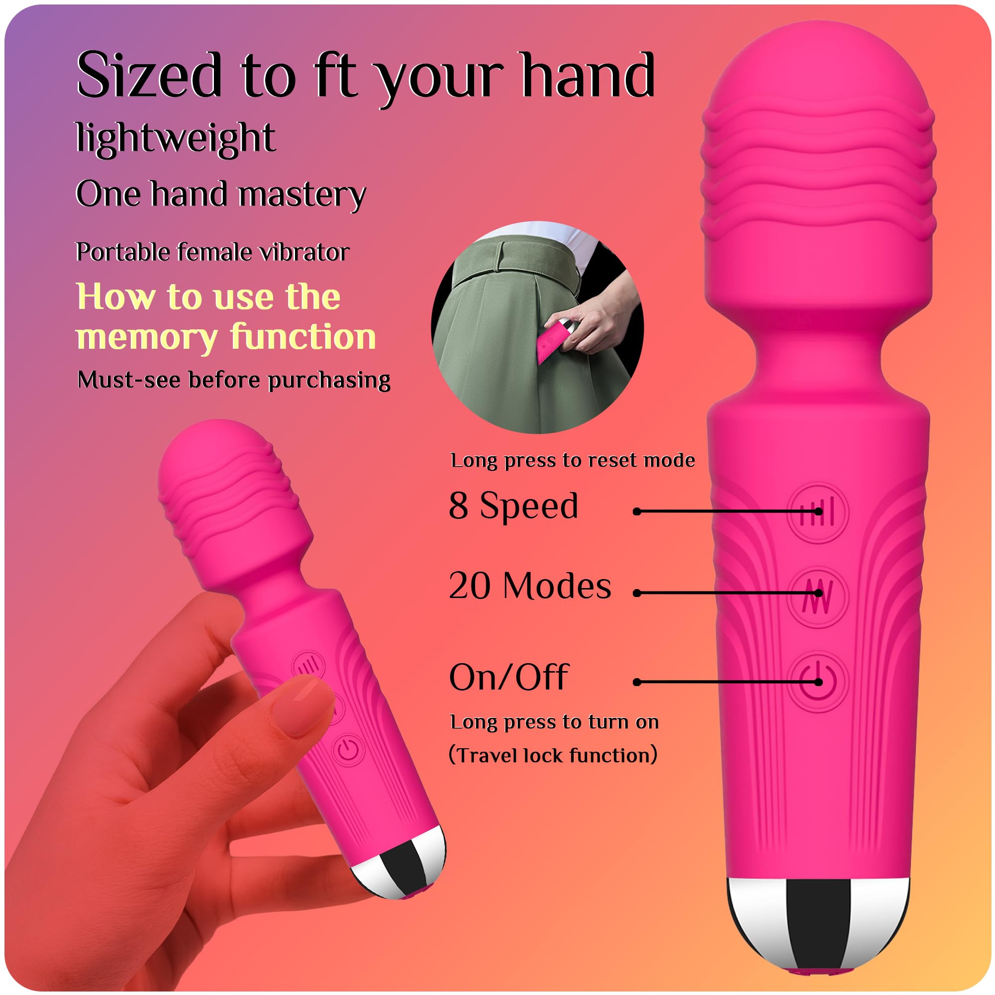Vibrator Wand,Adult Sex Toy Wand, G Spot Dildo, Clit Vibrator, Sex Vibrators,Clitoris Stimulation,with 8 Speeds & 20 Patterns,Fully Waterproof,Vibrating Wand for her Pleasure (Rose Red)