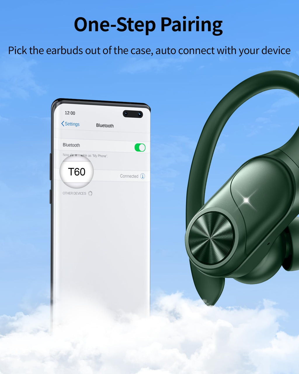 PocBuds Bluetooth Headphones Wireless Earbuds 80hrs Playtime Wireless Charging Case Digital Display Sports Ear Buds with Earhook Deep Bass IPX7 Waterproof Over-Ear Earphones for TV Phone Laptop Black