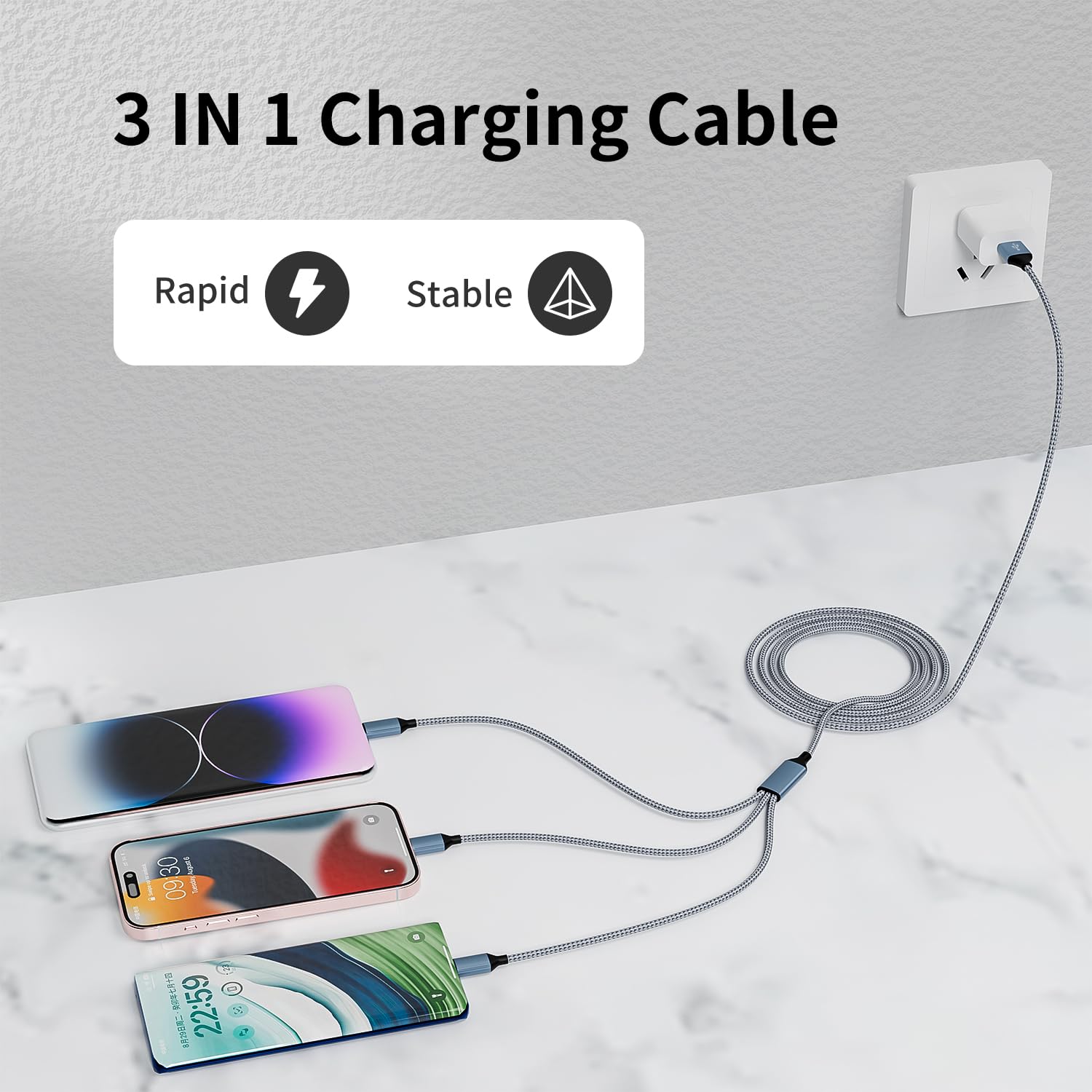 IDISON Multi Charging Cable(2Pack 4FT), 3 in 1 USB Charging Cable for Multiple Devices, Braided Universal Phone Charger Cord with Type-C, Micro USB, IP Port for iPhone17/16/14/Android Phones and More