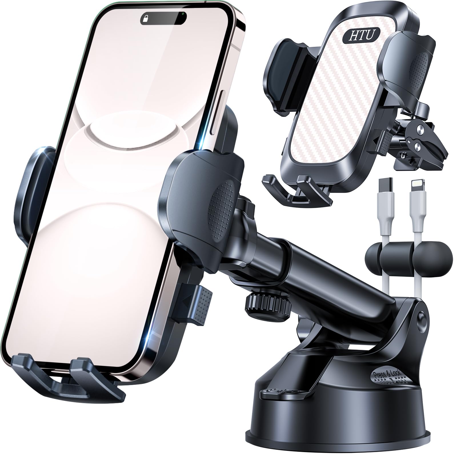 HTU 2026 Best Car Phone Holder 【Ultimate 5-in-1 & Upgraded 100+LBS Strongest Suction】【True Military-Grade & Safety Cert】 360° Windshield Dashboard Vent Mount Stand for iPhone Android & Truck, Black