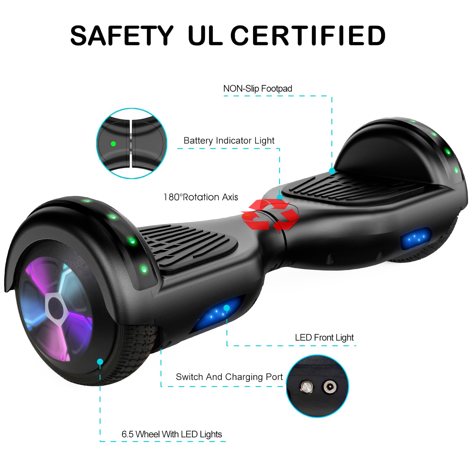 LIEAGLE Hoverboard, 6.5" Self Balancing Scooter Hover Board with Bluetooth Wheels LED Lights for Kids Adults