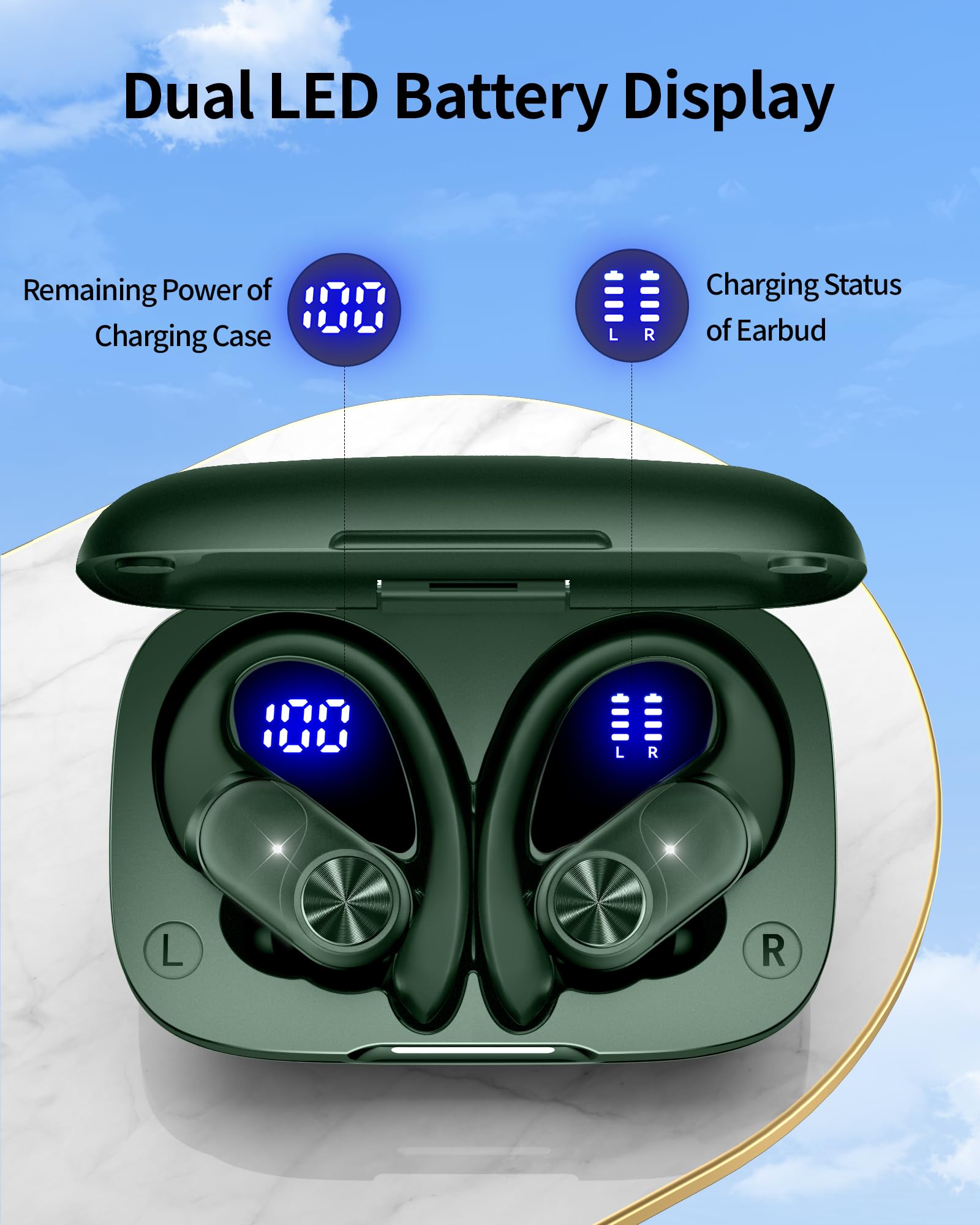 PocBuds Bluetooth Headphones Wireless Earbuds 80hrs Playtime Wireless Charging Case Digital Display Sports Ear Buds with Earhook Deep Bass IPX7 Waterproof Over-Ear Earphones for TV Phone Laptop Black