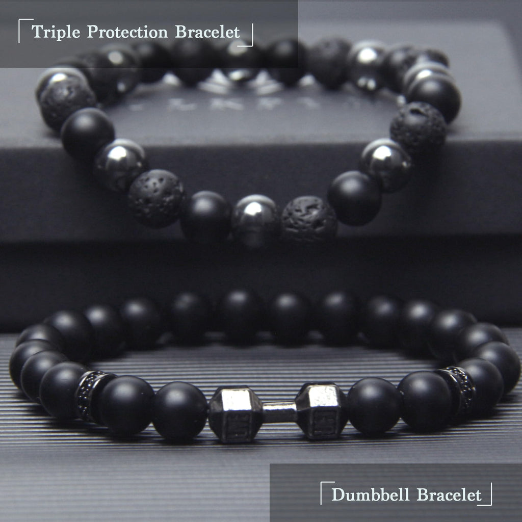Black Obsidian Bracelet for Men - Black Tourmaline Beaded Bracelets - Mens Bracelet Set 8MM Black Onyx Hematite Lava Stone Beads Triple Protection Bracelet for Men Women Gifts