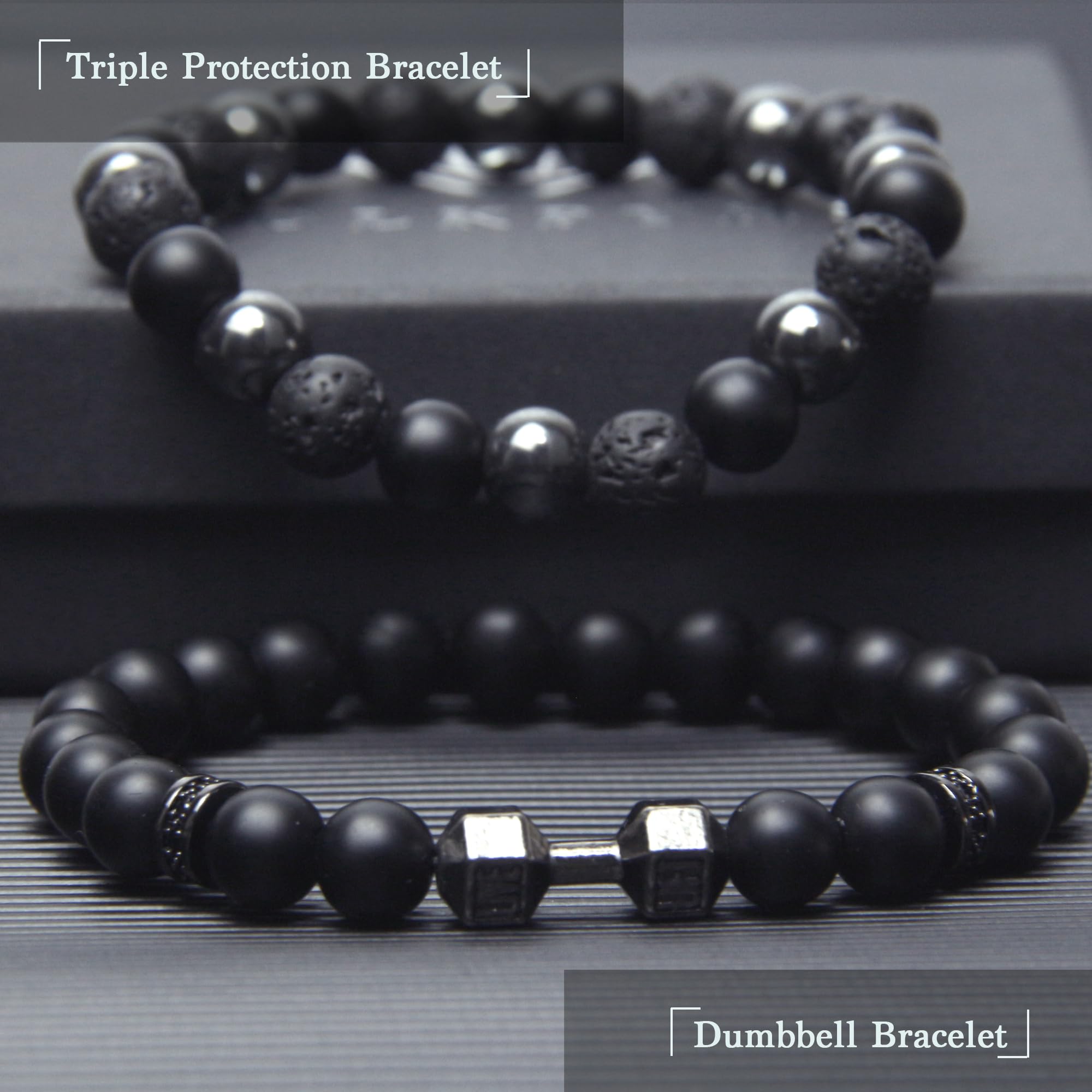 Black Obsidian Bracelet for Men - Black Tourmaline Beaded Bracelets - Mens Bracelet Set 8MM Black Onyx Hematite Lava Stone Beads Triple Protection Bracelet for Men Women Gifts