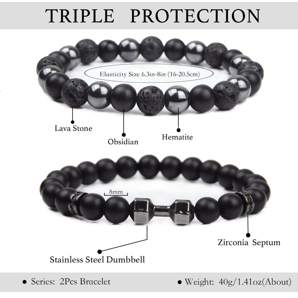 Black Obsidian Bracelet for Men - Black Tourmaline Beaded Bracelets - Mens Bracelet Set 8MM Black Onyx Hematite Lava Stone Beads Triple Protection Bracelet for Men Women Gifts