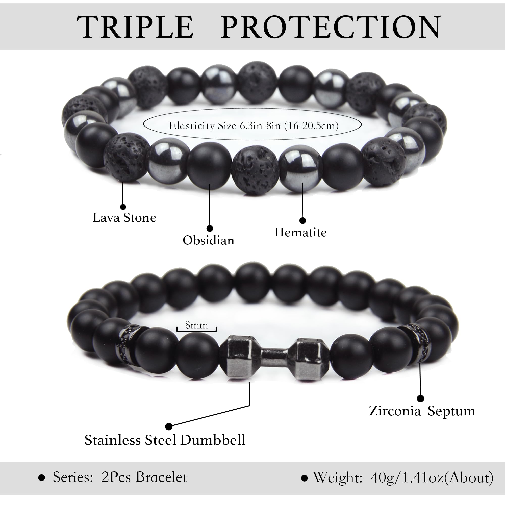 Black Obsidian Bracelet for Men - Black Tourmaline Beaded Bracelets - Mens Bracelet Set 8MM Black Onyx Hematite Lava Stone Beads Triple Protection Bracelet for Men Women Gifts
