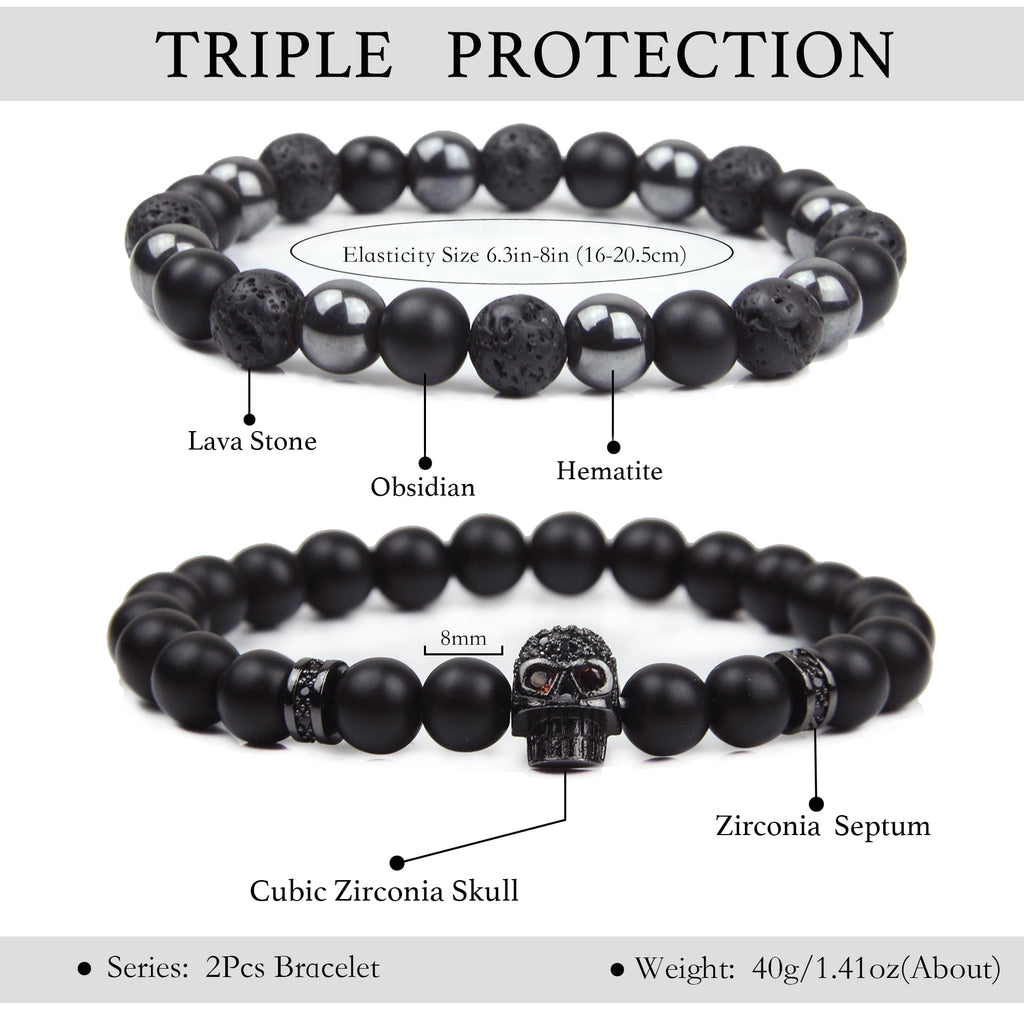 Black Obsidian Bracelet for Men - Black Tourmaline Beaded Bracelets - Mens Bracelet Set 8MM Black Onyx Hematite Lava Stone Beads Triple Protection Bracelet for Men Women Gifts