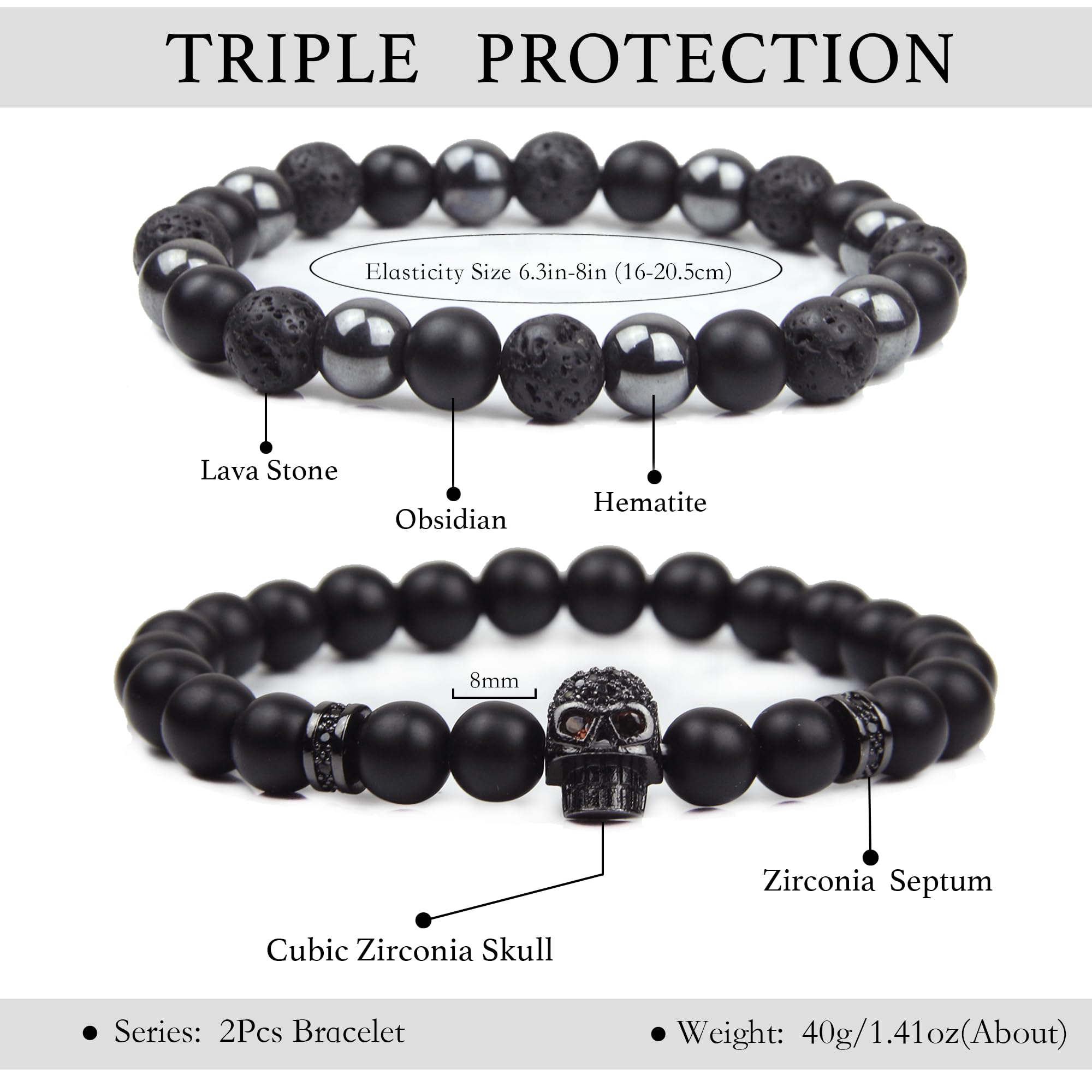 Black Obsidian Bracelet for Men - Black Tourmaline Beaded Bracelets - Mens Bracelet Set 8MM Black Onyx Hematite Lava Stone Beads Triple Protection Bracelet for Men Women Gifts