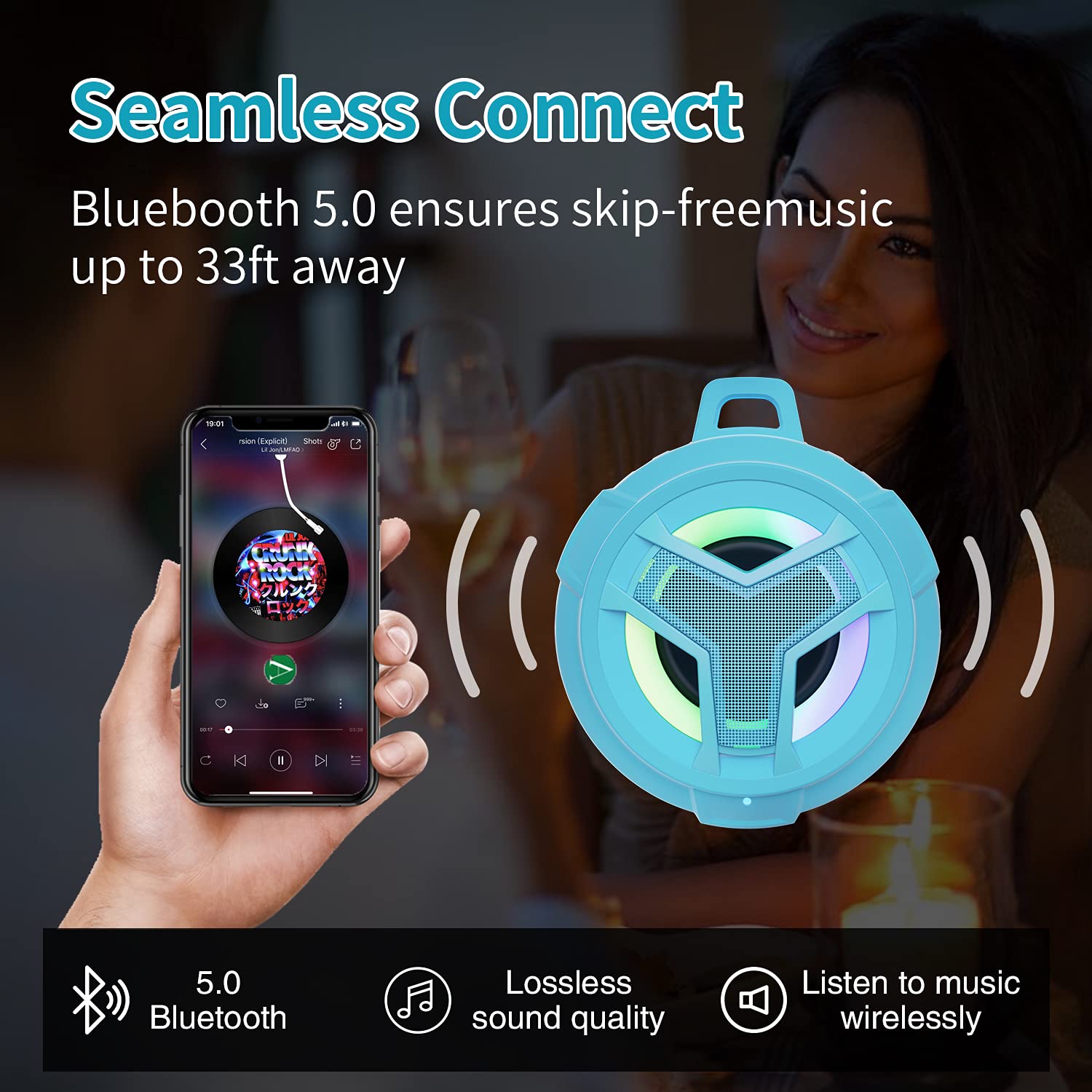 EBODA Bluetooth Shower Speaker, Portable Bluetooth Speakers, IP67 Waterproof Wireless Speaker with LED Light, Floating, 2000mAh, True Wireless Stereo for Kayak, Beach, Gifts for unisex -Black