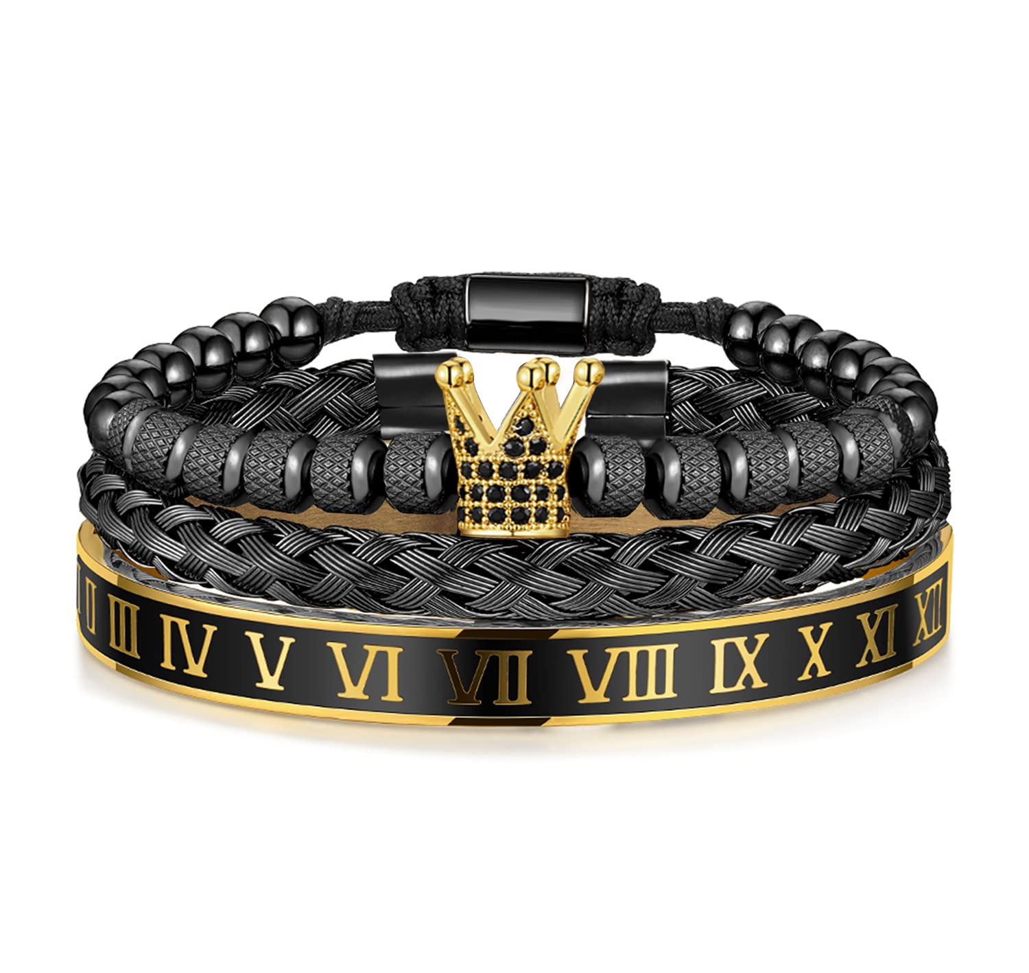 WFYOU 3PCS Stainless Steel Bracelets for Men Gold Roman Numeral Bangle Bracelet Twisted Cable Bracelet Adjustable Cuff Bracelet Mens Luxury Jewelry Bracelets Gifts