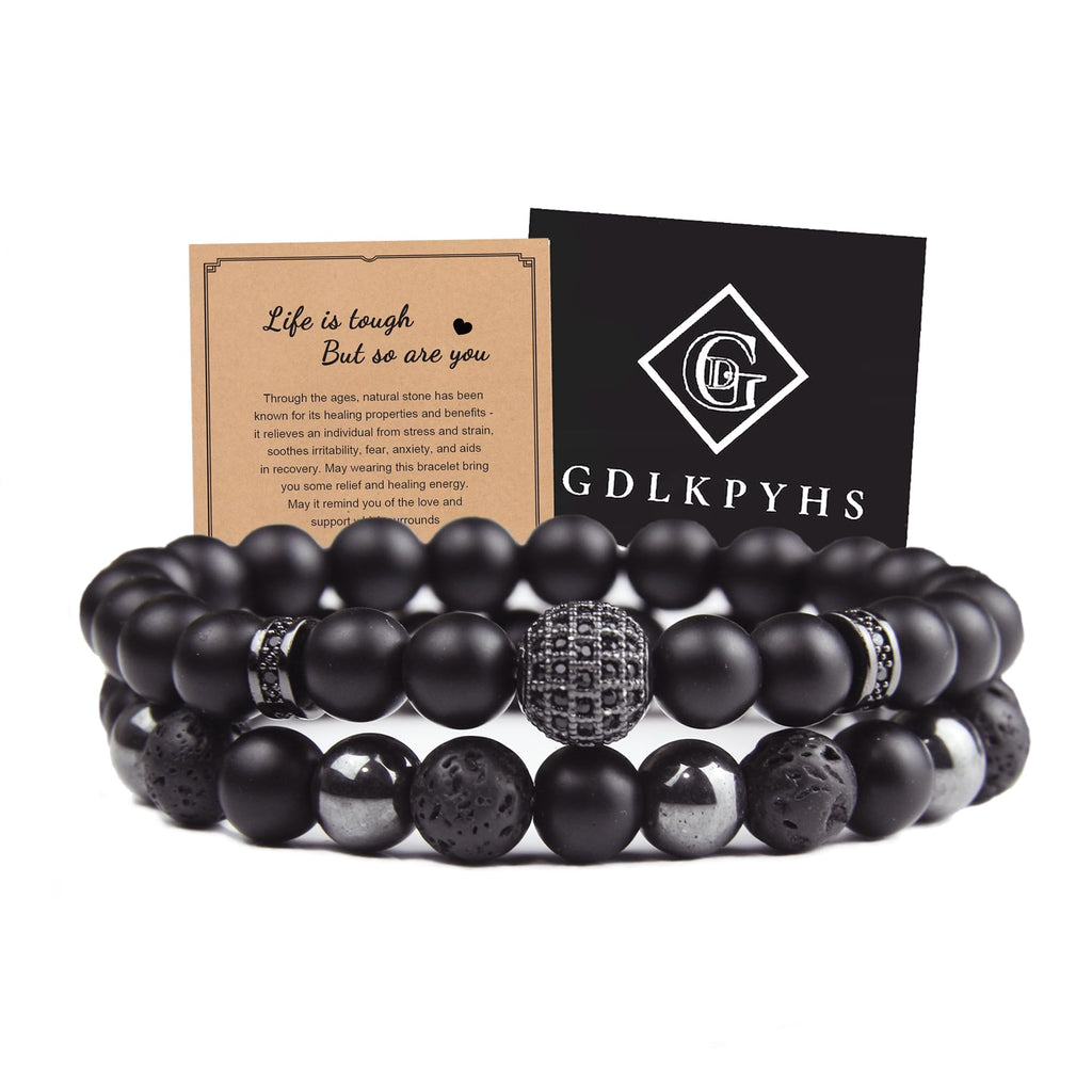 Black Obsidian Bracelet for Men - Black Tourmaline Beaded Bracelets - Mens Bracelet Set 8MM Black Onyx Hematite Lava Stone Beads Triple Protection Bracelet for Men Women Gifts