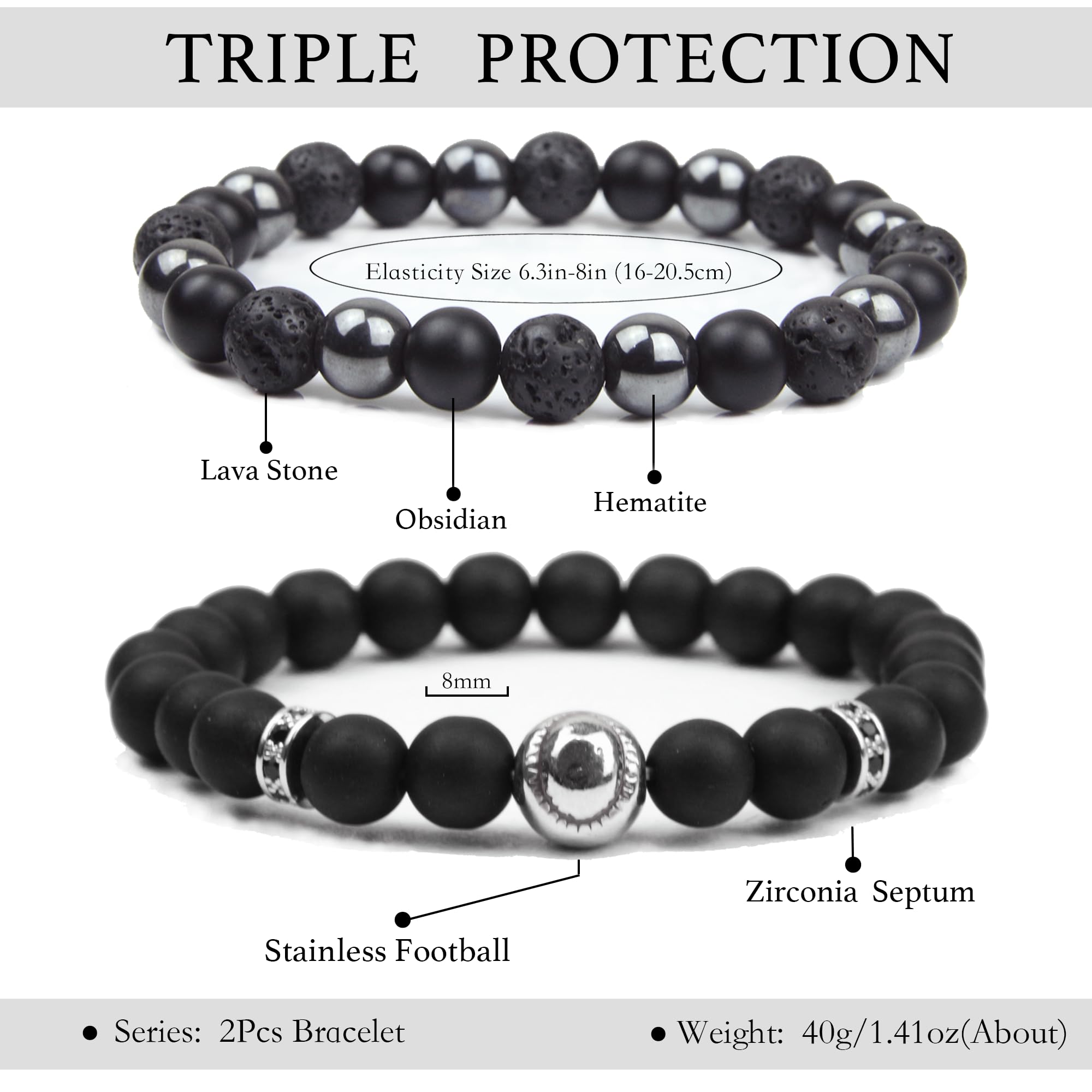 Black Obsidian Bracelet for Men - Black Tourmaline Beaded Bracelets - Mens Bracelet Set 8MM Black Onyx Hematite Lava Stone Beads Triple Protection Bracelet for Men Women Gifts